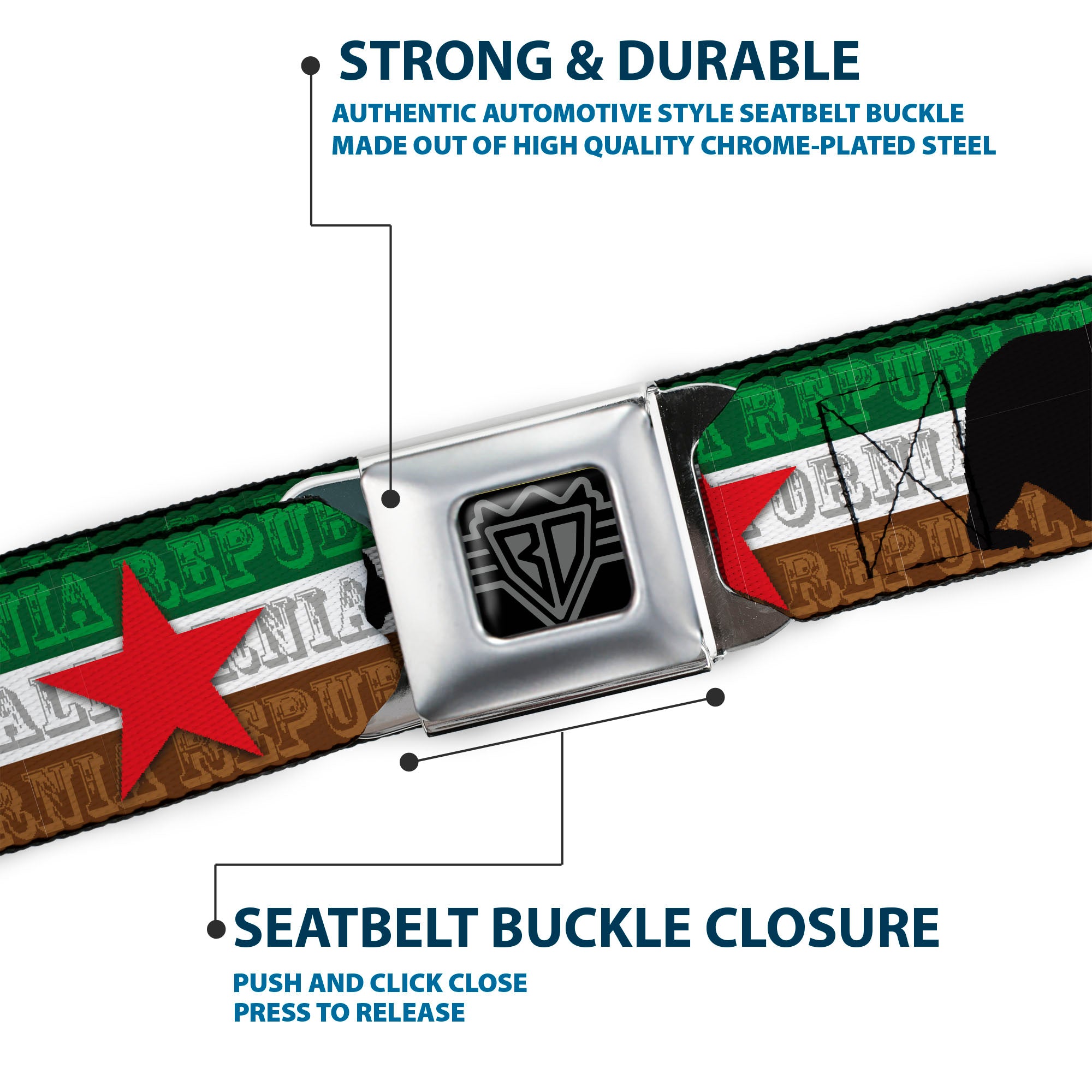 BD Wings Logo CLOSE-UP Black/Silver Seatbelt Belt - Cali Bear Silhouette & Star/CALIFORNIA REPUBLIC Green/White/Brown/Black/Red Webbing Seatbelt Belts Buckle-Down