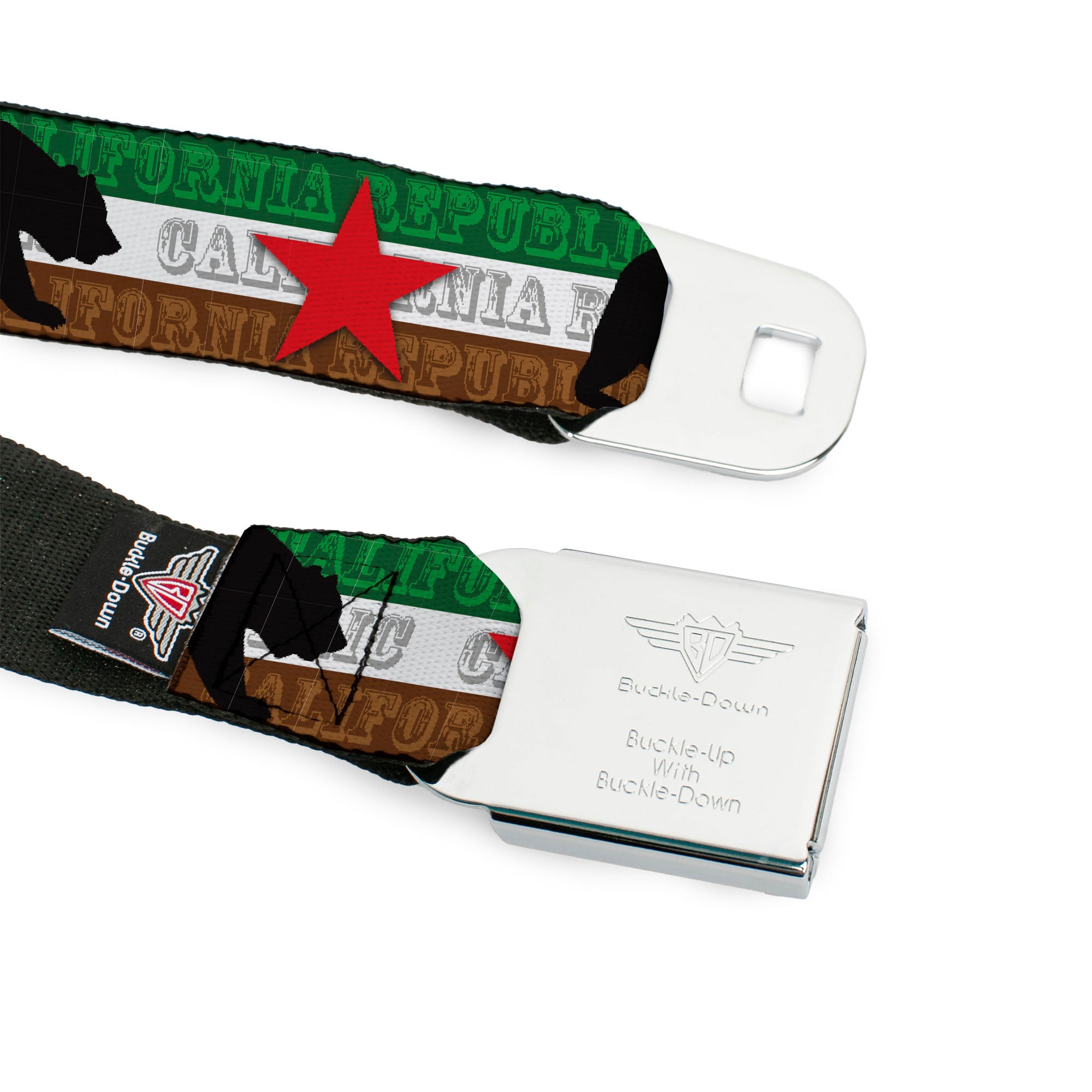 BD Wings Logo CLOSE-UP Black/Silver Seatbelt Belt - Cali Bear Silhouette & Star/CALIFORNIA REPUBLIC Green/White/Brown/Black/Red Webbing Seatbelt Belts Buckle-Down