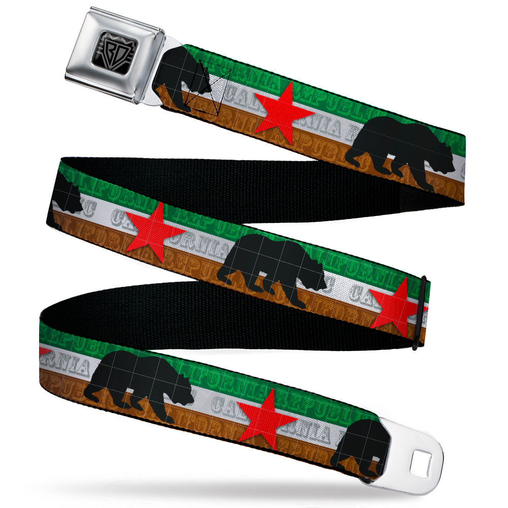 BD Wings Logo CLOSE-UP Black/Silver Seatbelt Belt - Cali Bear Silhouette & Star/CALIFORNIA REPUBLIC Green/White/Brown/Black/Red Webbing Seatbelt Belts Buckle-Down
