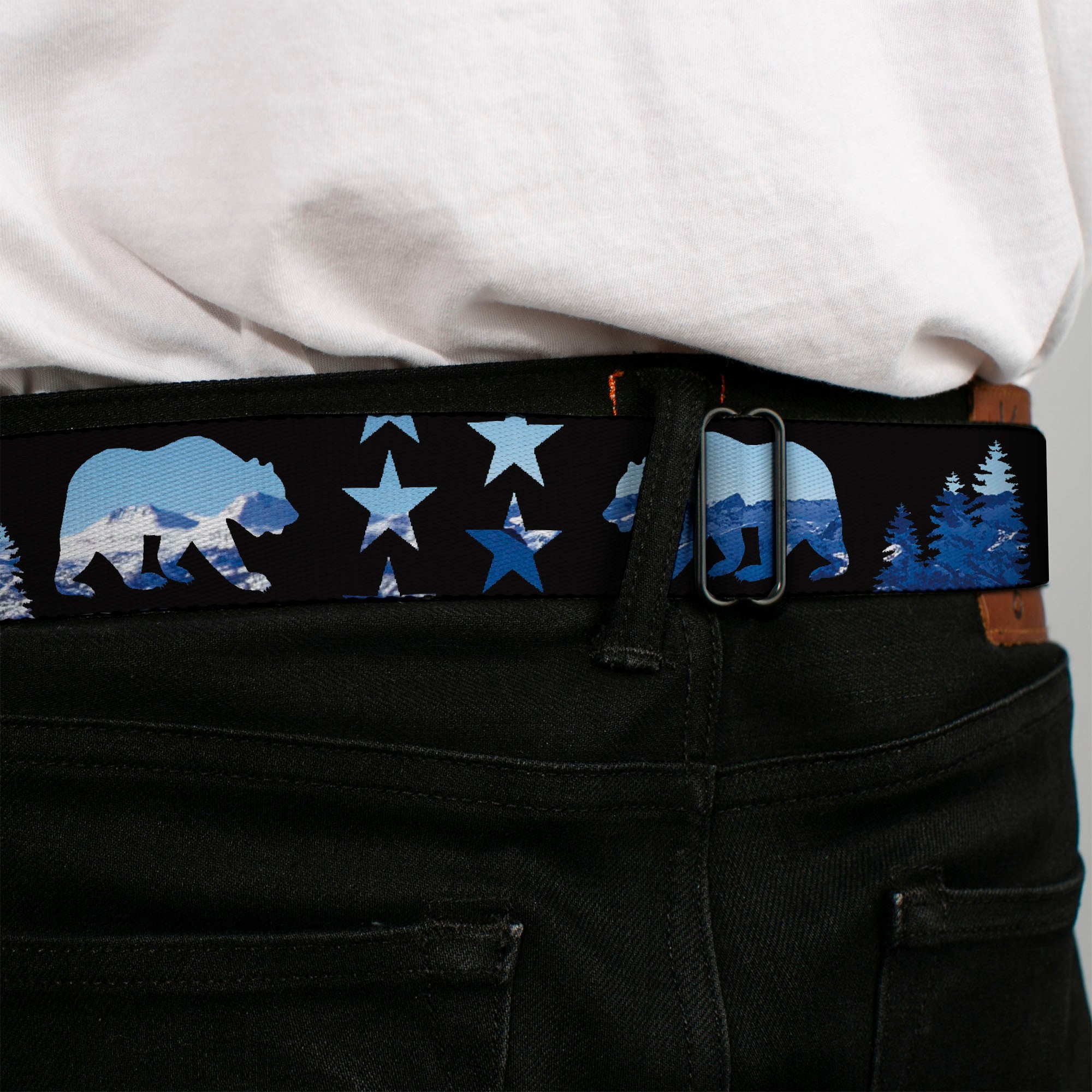 BD Wings Logo CLOSE-UP Full Color Black Silver Seatbelt Belt - CALIFORNIA REPUBLIC/Bear/Stars Silhouette Black/Scenic Mountains Webbing Seatbelt Belts Buckle-Down