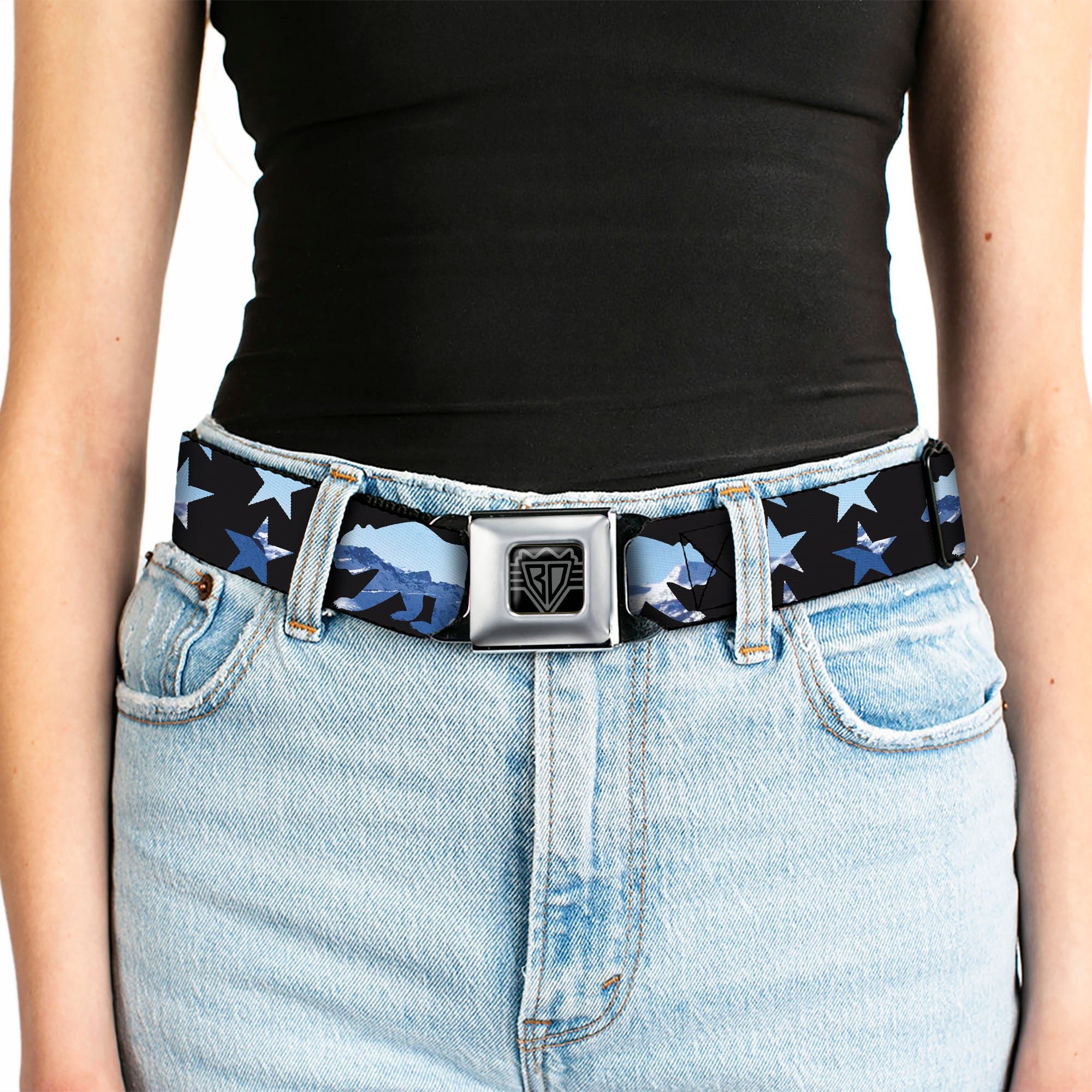 BD Wings Logo CLOSE-UP Full Color Black Silver Seatbelt Belt - CALIFORNIA REPUBLIC/Bear/Stars Silhouette Black/Scenic Mountains Webbing Seatbelt Belts Buckle-Down