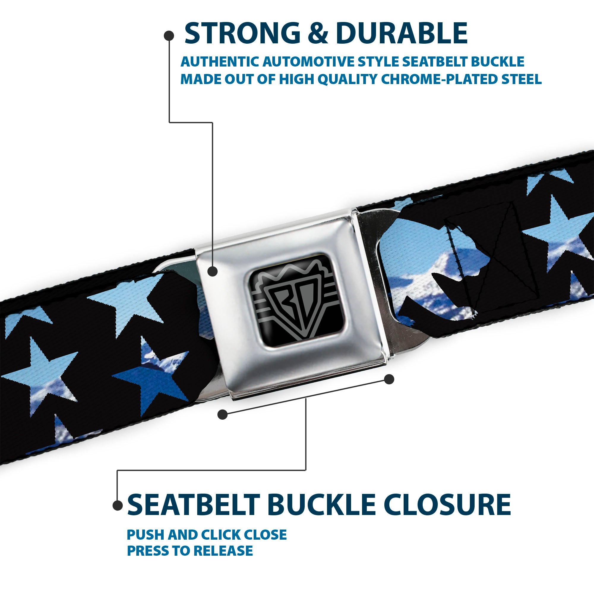 BD Wings Logo CLOSE-UP Full Color Black Silver Seatbelt Belt - CALIFORNIA REPUBLIC/Bear/Stars Silhouette Black/Scenic Mountains Webbing Seatbelt Belts Buckle-Down