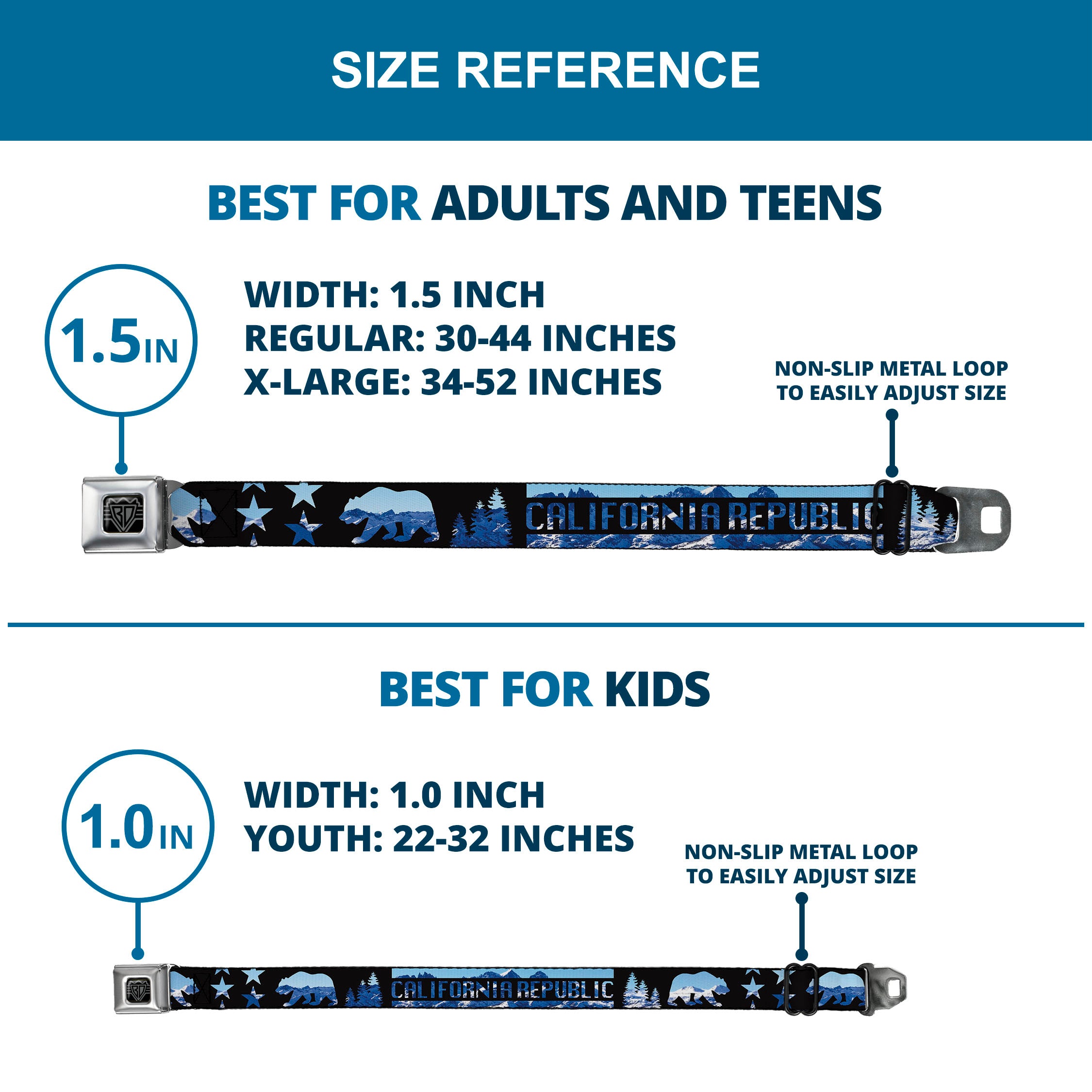 BD Wings Logo CLOSE-UP Full Color Black Silver Seatbelt Belt - CALIFORNIA REPUBLIC/Bear/Stars Silhouette Black/Scenic Mountains Webbing Seatbelt Belts Buckle-Down