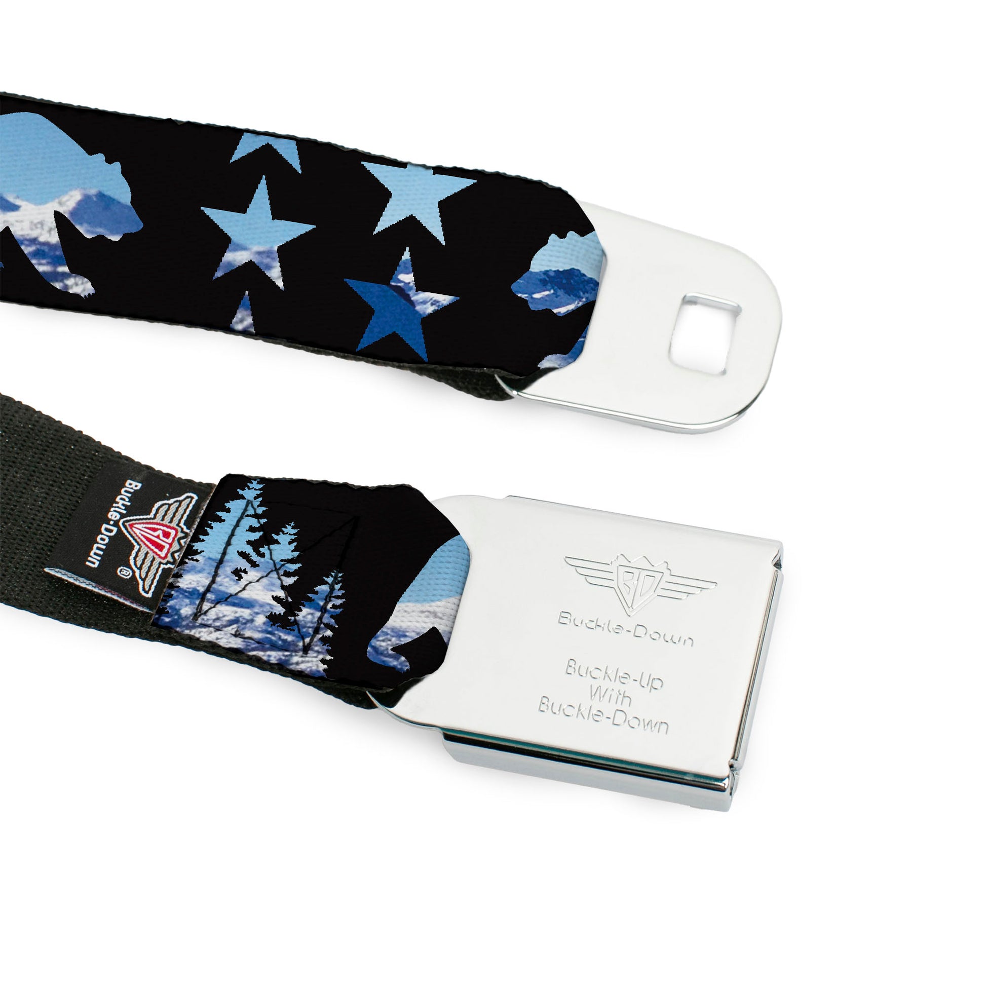 BD Wings Logo CLOSE-UP Full Color Black Silver Seatbelt Belt - CALIFORNIA REPUBLIC/Bear/Stars Silhouette Black/Scenic Mountains Webbing Seatbelt Belts Buckle-Down