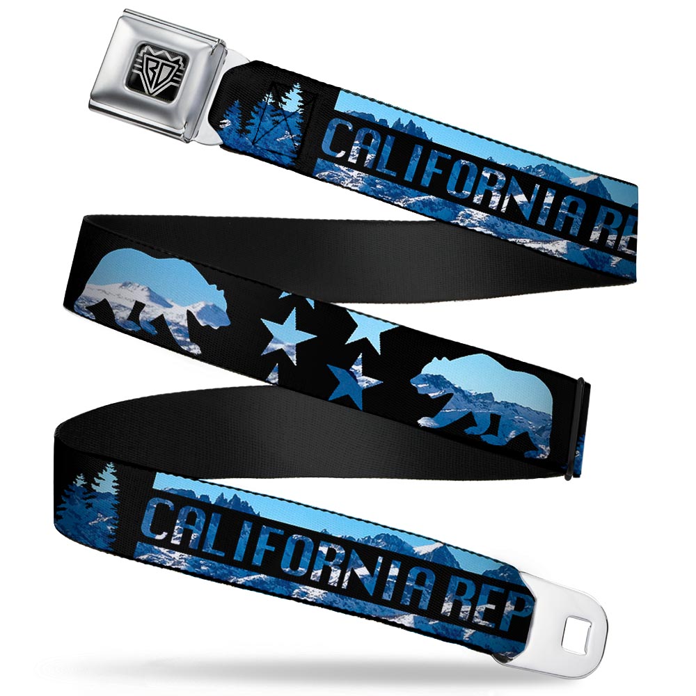 BD Wings Logo CLOSE-UP Full Color Black Silver Seatbelt Belt - CALIFORNIA REPUBLIC/Bear/Stars Silhouette Black/Scenic Mountains Webbing Seatbelt Belts Buckle-Down