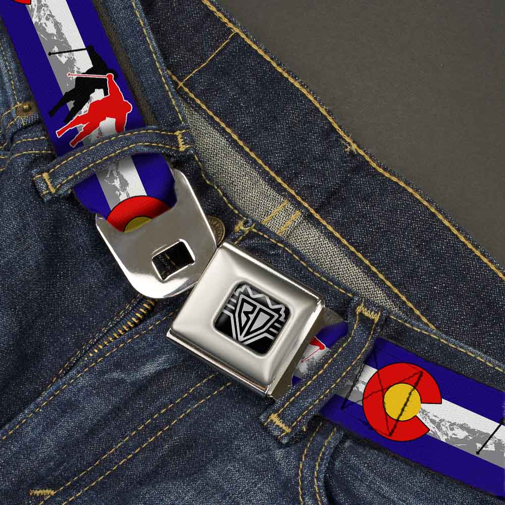 BD Wings Logo CLOSE-UP Full Color Black Silver Seatbelt Belt - Colorado Skier1 Red/Mountains Webbing Seatbelt Belts Buckle-Down