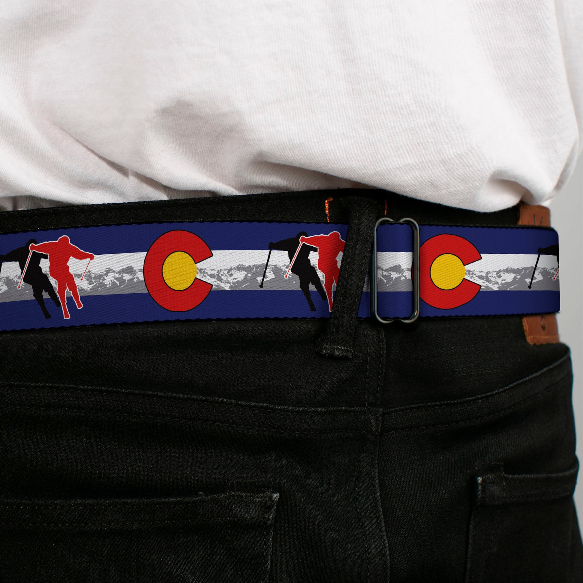 BD Wings Logo CLOSE-UP Full Color Black Silver Seatbelt Belt - Colorado Skier1 Red/Mountains Webbing Seatbelt Belts Buckle-Down