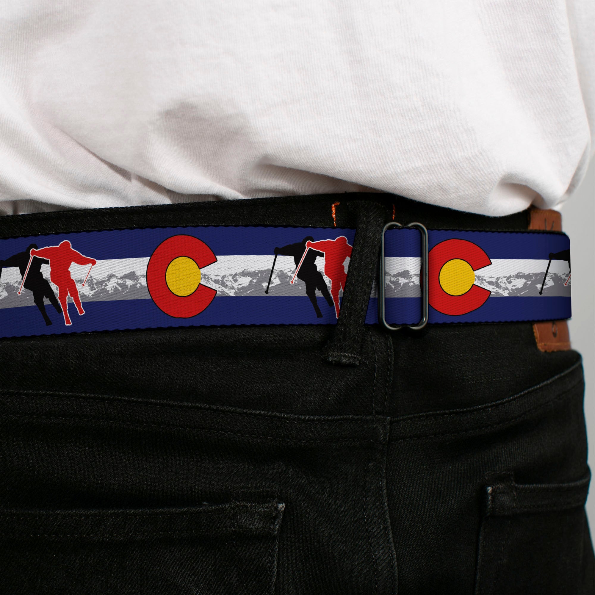 BD Wings Logo CLOSE-UP Full Color Black Silver Seatbelt Belt - Colorado Skier1 Red/Mountains Webbing Seatbelt Belts Buckle-Down