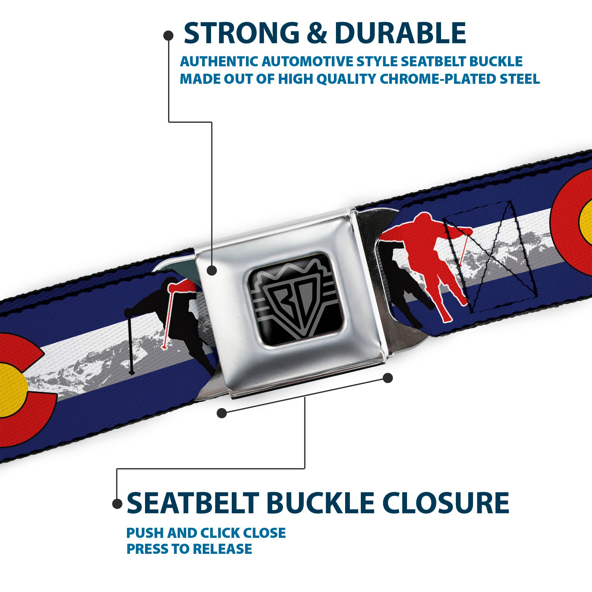 BD Wings Logo CLOSE-UP Full Color Black Silver Seatbelt Belt - Colorado Skier1 Red/Mountains Webbing Seatbelt Belts Buckle-Down
