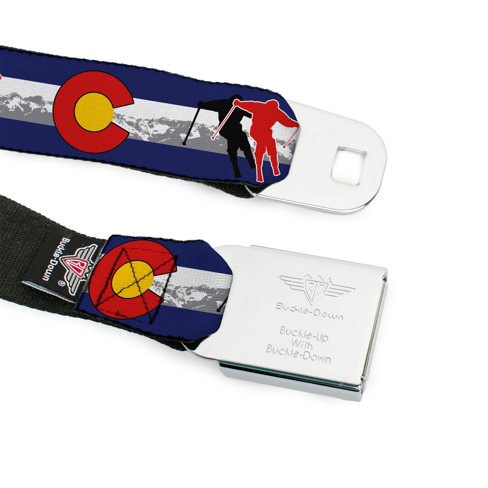 BD Wings Logo CLOSE-UP Full Color Black Silver Seatbelt Belt - Colorado Skier1 Red/Mountains Webbing Seatbelt Belts Buckle-Down