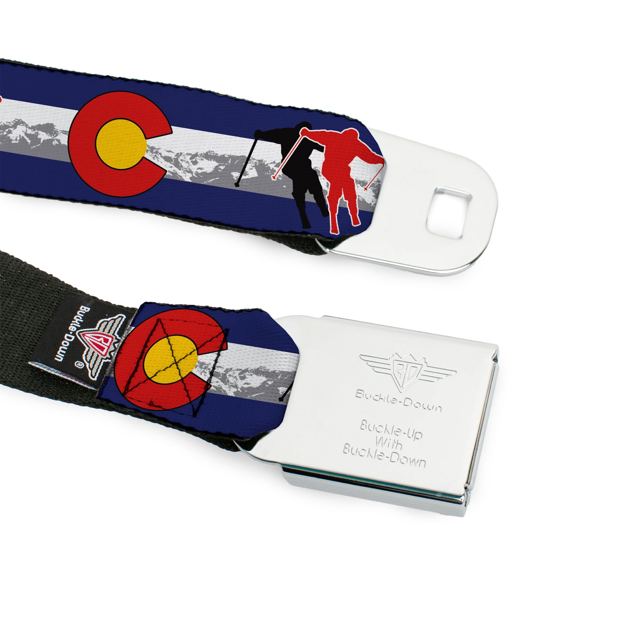 BD Wings Logo CLOSE-UP Full Color Black Silver Seatbelt Belt - Colorado Skier1 Red/Mountains Webbing Seatbelt Belts Buckle-Down