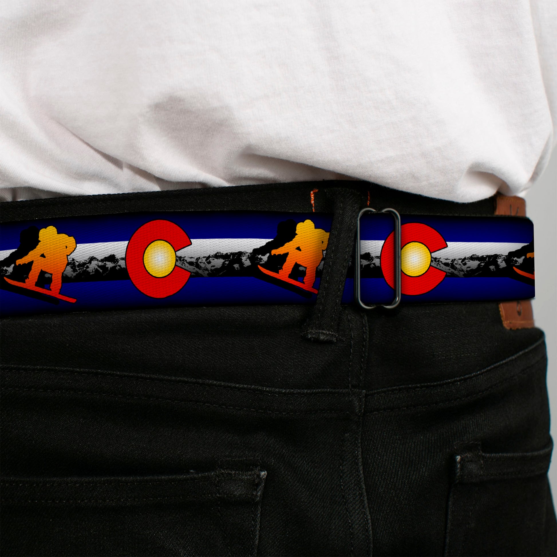 BD Wings Logo CLOSE-UP Black/Silver Seatbelt Belt - Colorado Snowboarder3 Orange/Mountains Webbing Seatbelt Belts Buckle-Down