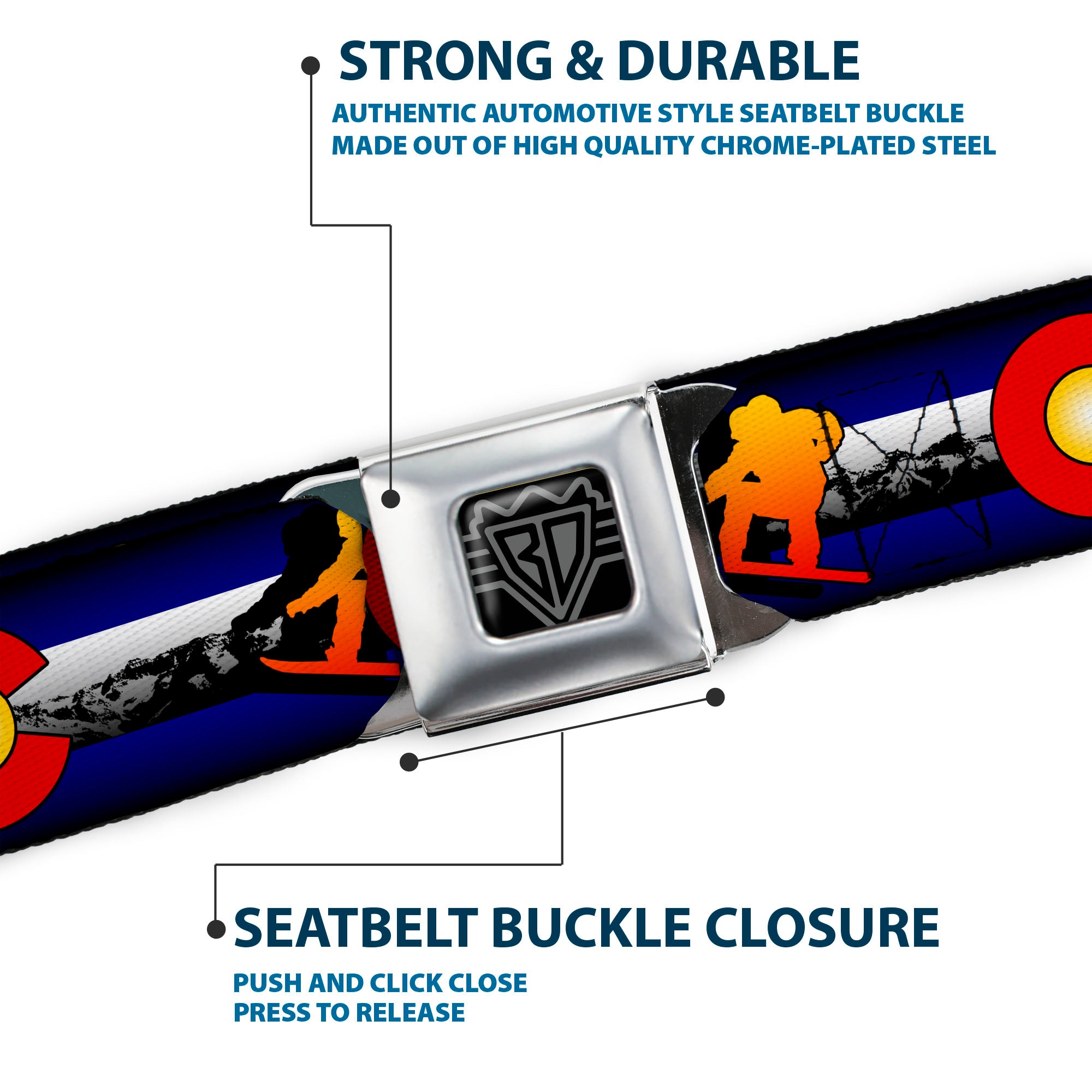 BD Wings Logo CLOSE-UP Black/Silver Seatbelt Belt - Colorado Snowboarder3 Orange/Mountains Webbing Seatbelt Belts Buckle-Down