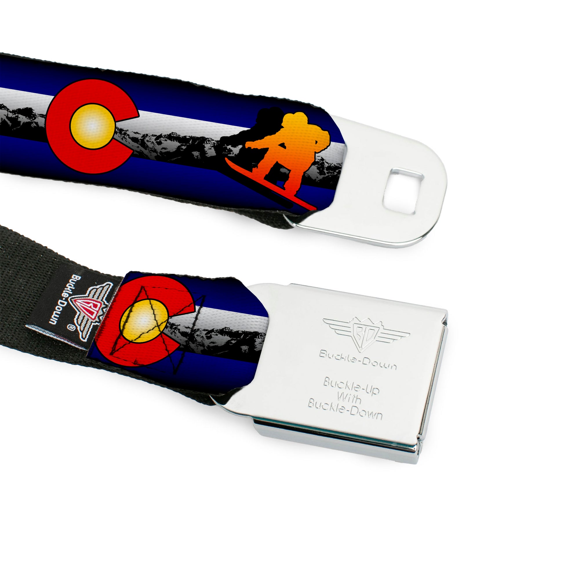 BD Wings Logo CLOSE-UP Black/Silver Seatbelt Belt - Colorado Snowboarder3 Orange/Mountains Webbing Seatbelt Belts Buckle-Down