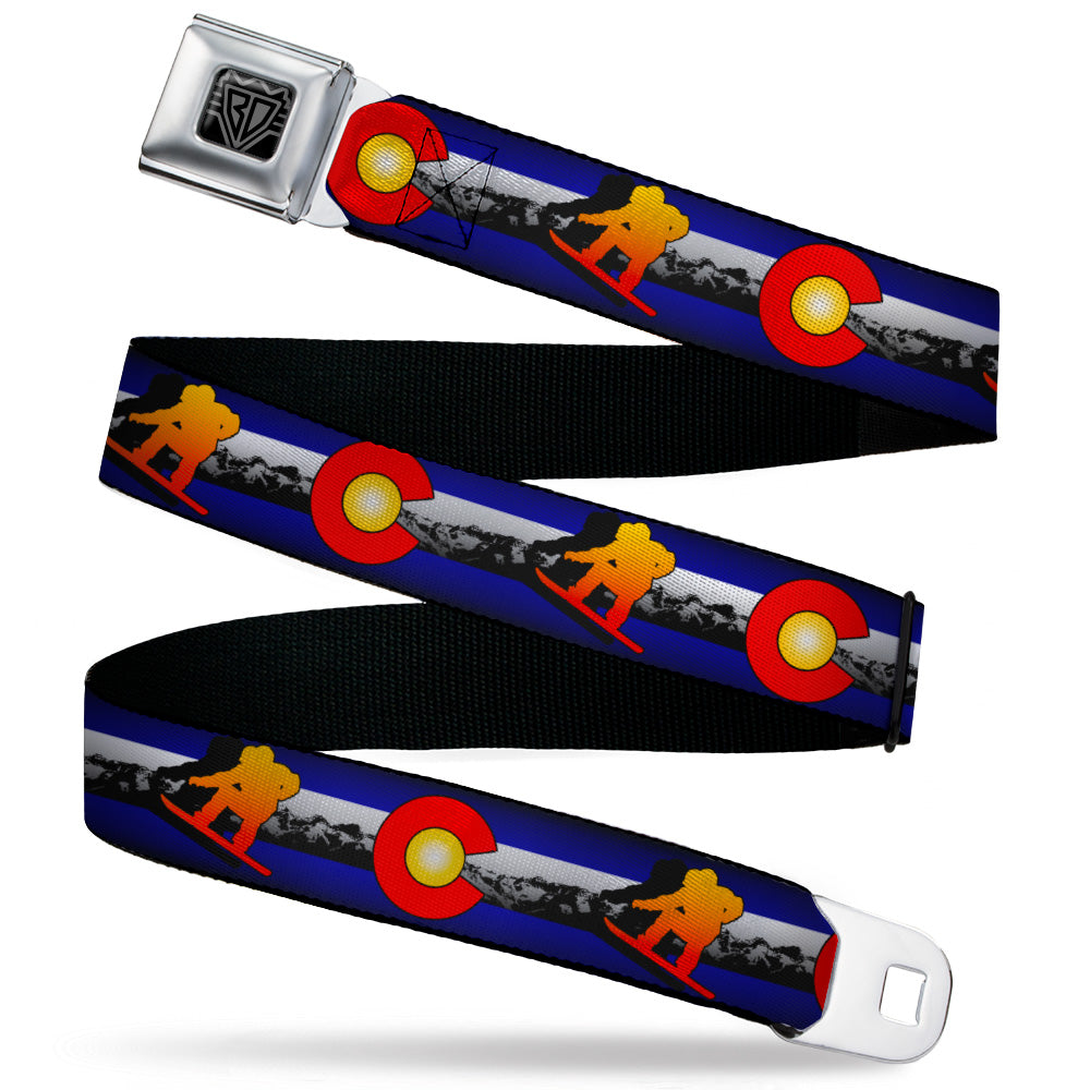 BD Wings Logo CLOSE-UP Black/Silver Seatbelt Belt - Colorado Snowboarder3 Orange/Mountains Webbing Seatbelt Belts Buckle-Down