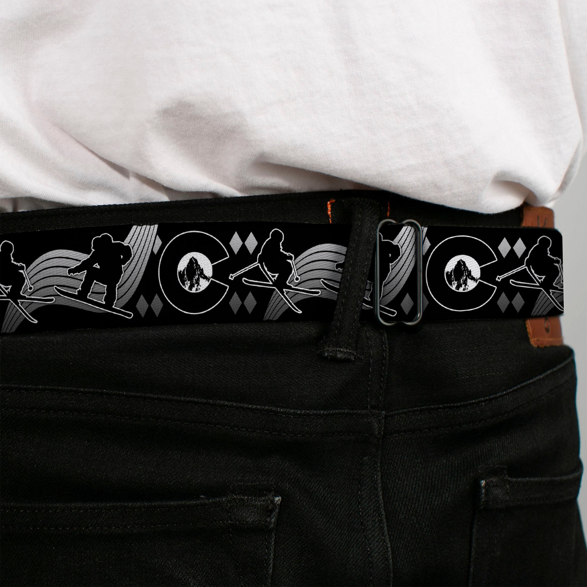 BD Wings Logo CLOSE-UP Black/Silver Seatbelt Belt - Colorado Skier/Snowboarder Black/White/Grays Webbing Seatbelt Belts Buckle-Down