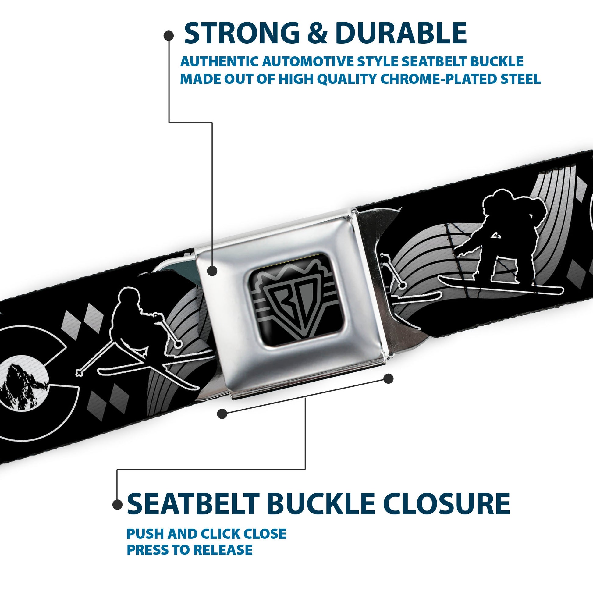 BD Wings Logo CLOSE-UP Black/Silver Seatbelt Belt - Colorado Skier/Snowboarder Black/White/Grays Webbing Seatbelt Belts Buckle-Down