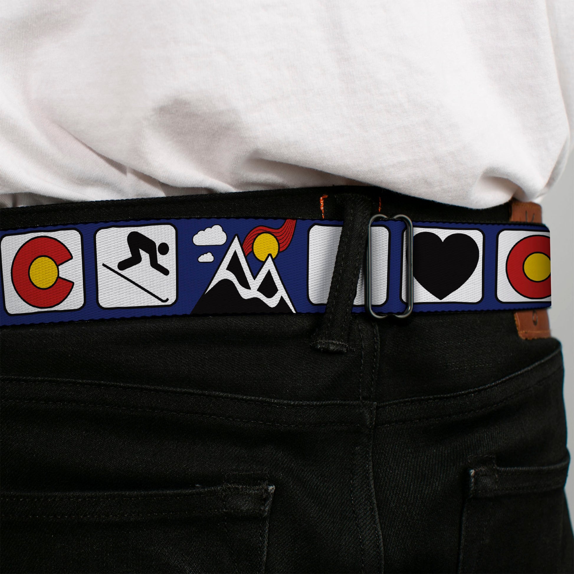 BD Wings Logo CLOSE-UP Black/Silver Seatbelt Belt - I HEART COLORADO SKIING Logos/Mountain Webbing Seatbelt Belts Buckle-Down