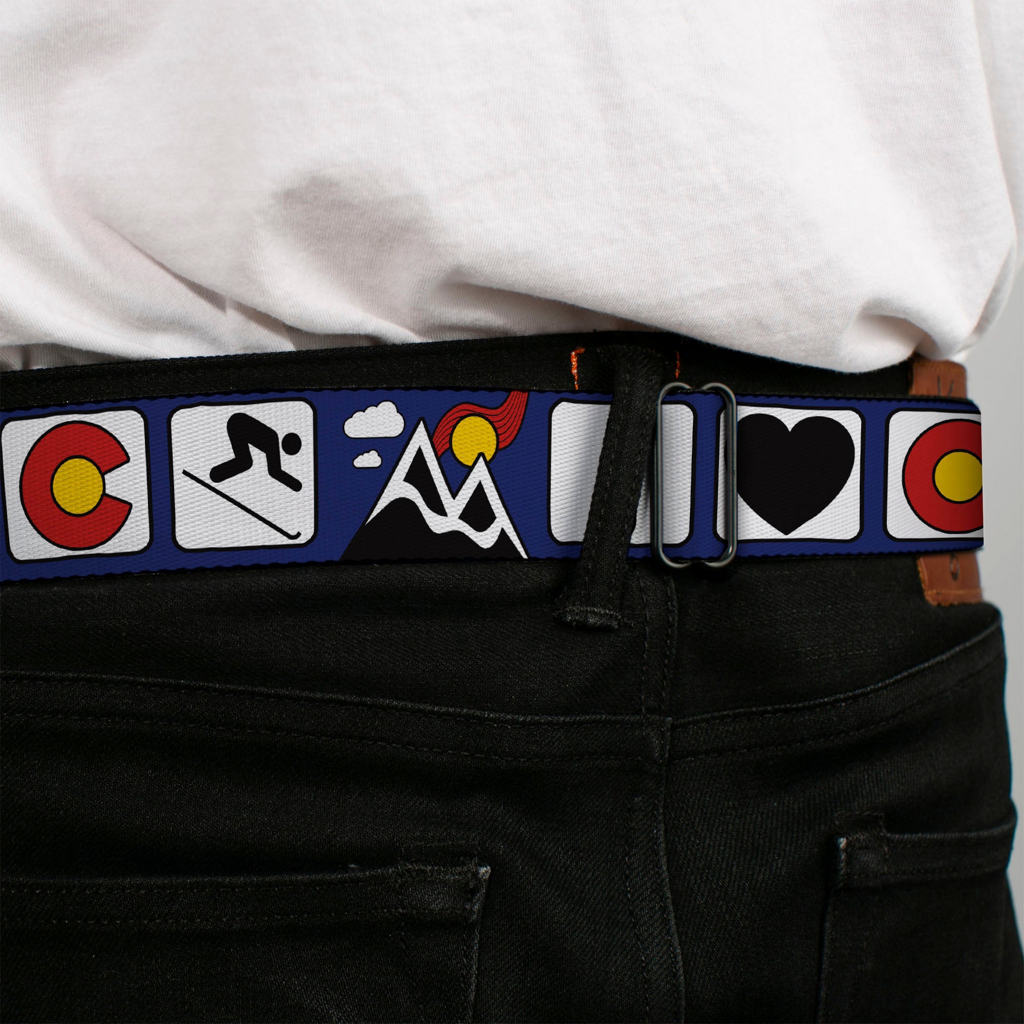 BD Wings Logo CLOSE-UP Black/Silver Seatbelt Belt - I HEART COLORADO SKIING Logos/Mountain Webbing Seatbelt Belts Buckle-Down