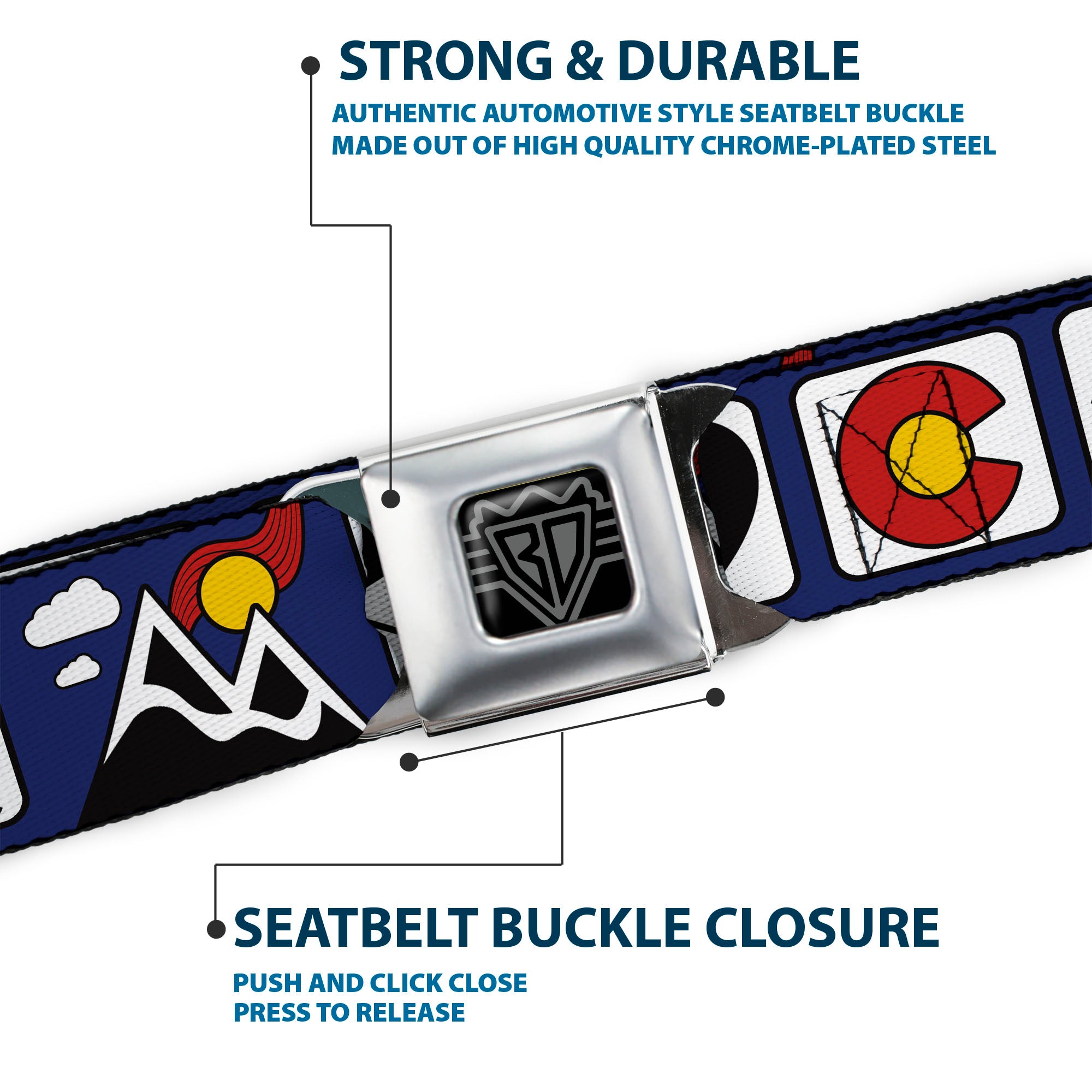 BD Wings Logo CLOSE-UP Black/Silver Seatbelt Belt - I HEART COLORADO SKIING Logos/Mountain Webbing Seatbelt Belts Buckle-Down