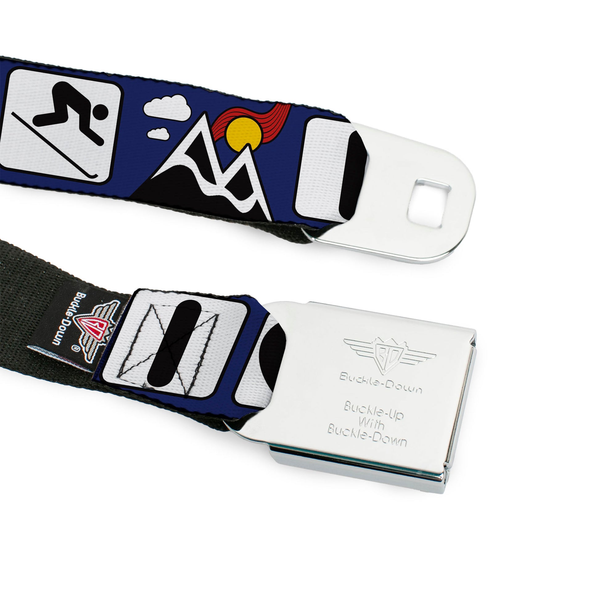 BD Wings Logo CLOSE-UP Black/Silver Seatbelt Belt - I HEART COLORADO SKIING Logos/Mountain Webbing Seatbelt Belts Buckle-Down