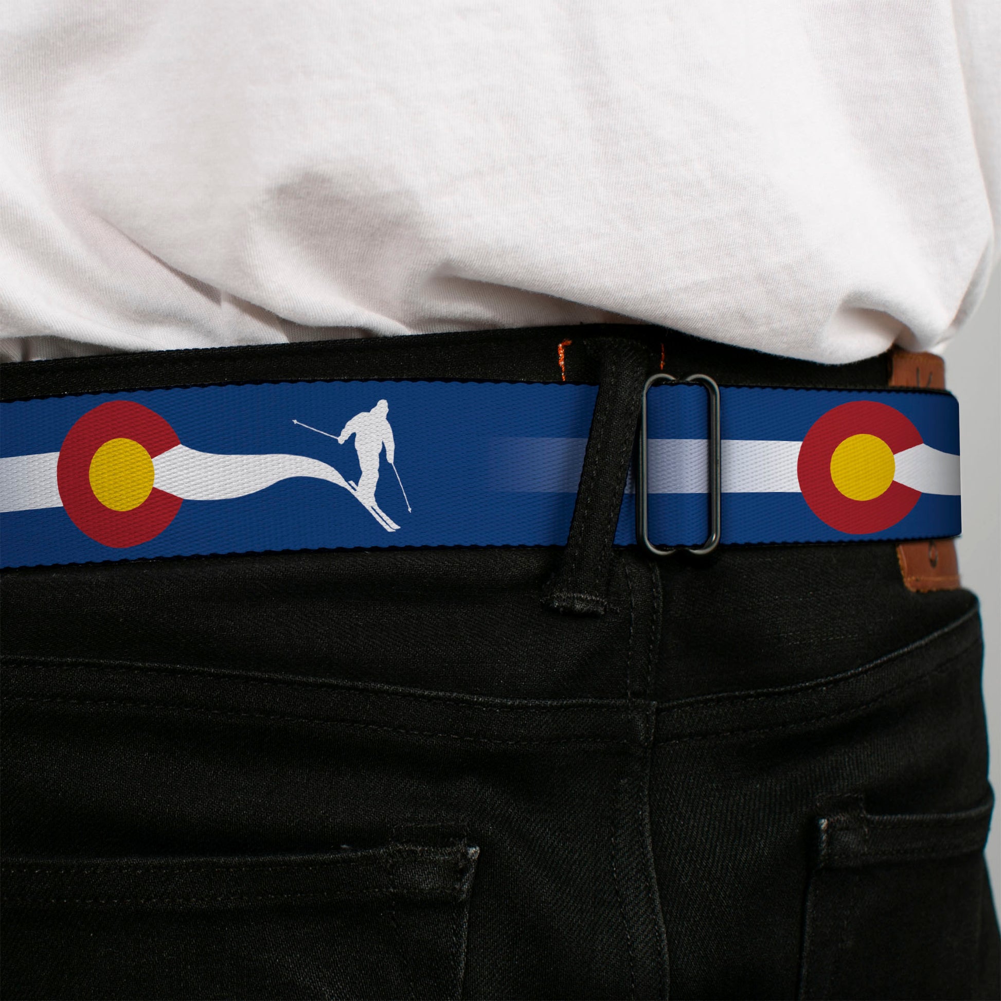 BD Wings Logo CLOSE-UP Black/Silver Seatbelt Belt - Colorado Skier2 Blue/White/Red/Yellow Webbing Seatbelt Belts Buckle-Down