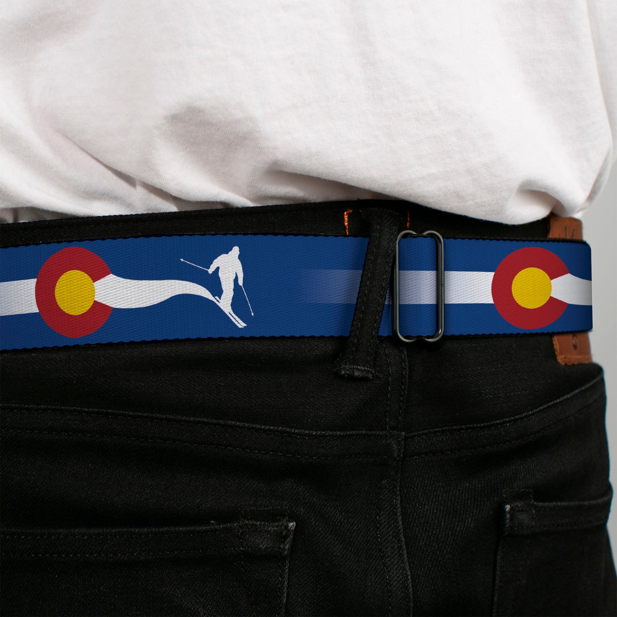 BD Wings Logo CLOSE-UP Black/Silver Seatbelt Belt - Colorado Skier2 Blue/White/Red/Yellow Webbing Seatbelt Belts Buckle-Down