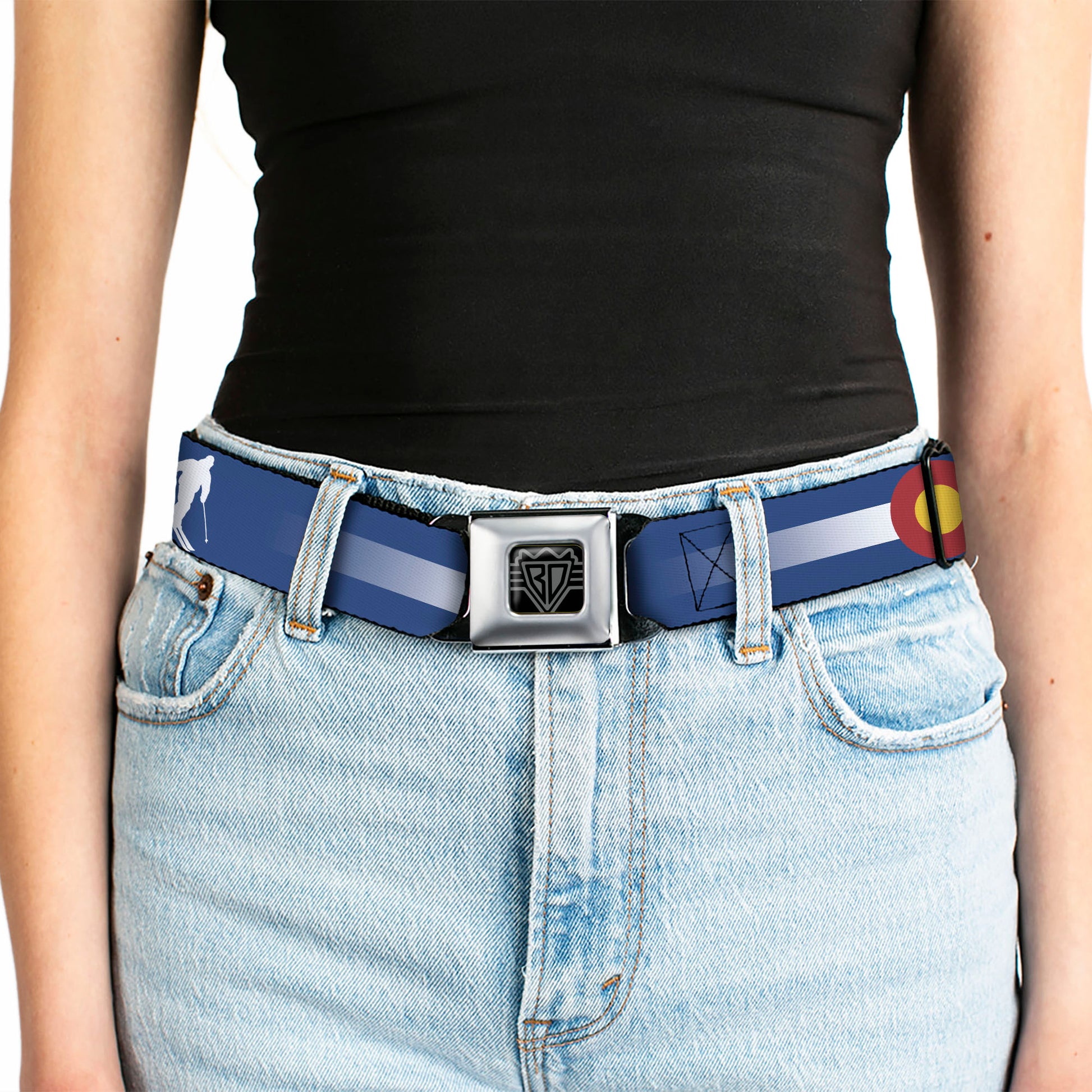 BD Wings Logo CLOSE-UP Black/Silver Seatbelt Belt - Colorado Skier2 Blue/White/Red/Yellow Webbing Seatbelt Belts Buckle-Down