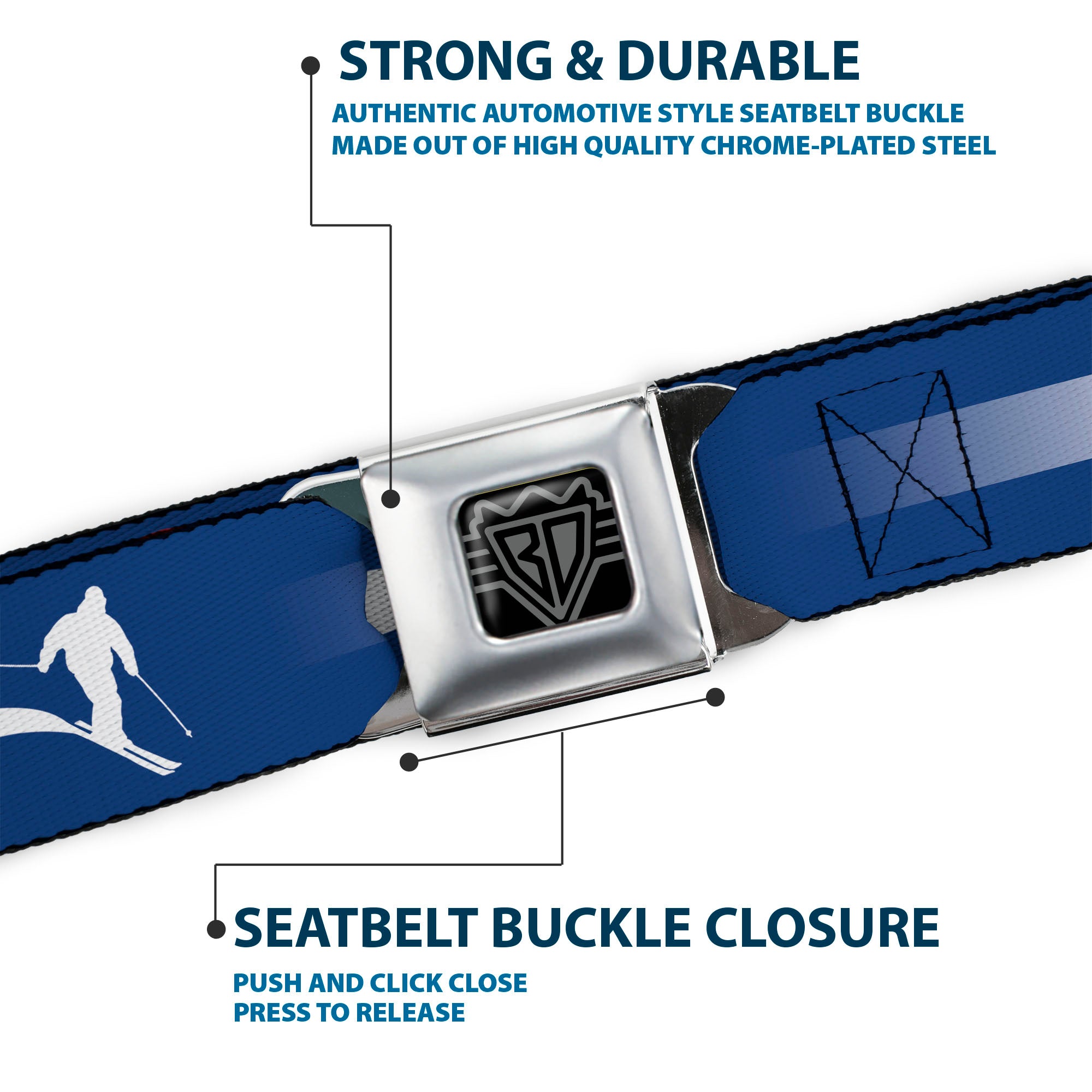 BD Wings Logo CLOSE-UP Black/Silver Seatbelt Belt - Colorado Skier2 Blue/White/Red/Yellow Webbing Seatbelt Belts Buckle-Down