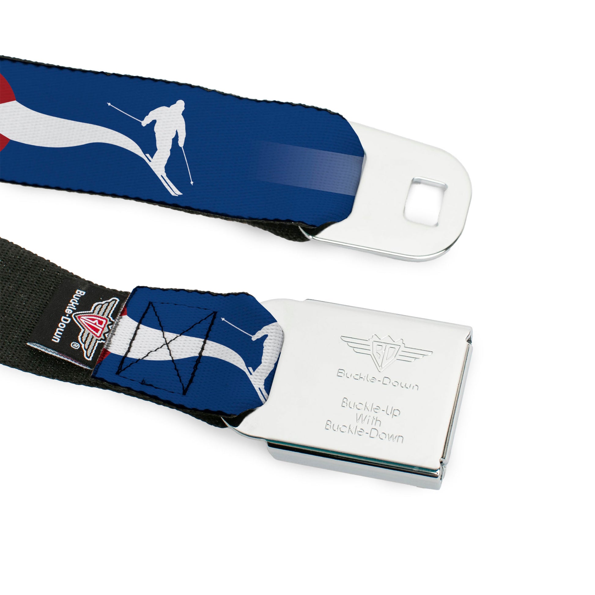 BD Wings Logo CLOSE-UP Black/Silver Seatbelt Belt - Colorado Skier2 Blue/White/Red/Yellow Webbing Seatbelt Belts Buckle-Down