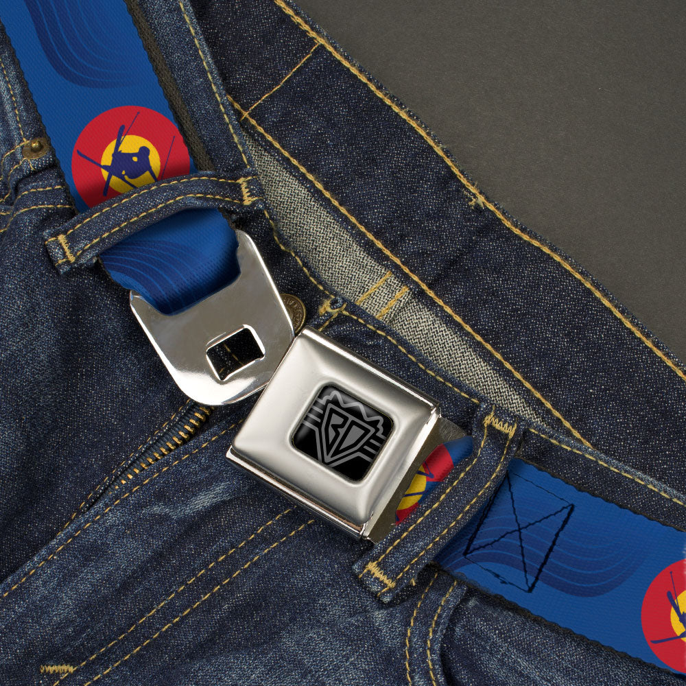 BD Wings Logo CLOSE-UP Black/Silver Seatbelt Belt - Colorado Skier3 Blues/Red/Yellow Webbing Seatbelt Belts Buckle-Down