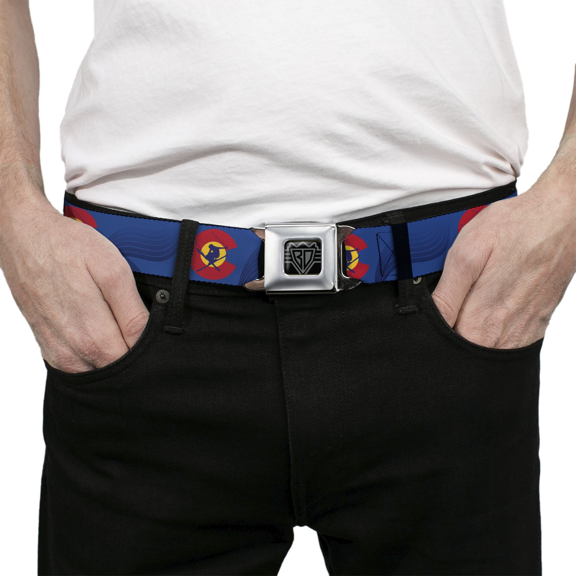 BD Wings Logo CLOSE-UP Black/Silver Seatbelt Belt - Colorado Skier3 Blues/Red/Yellow Webbing Seatbelt Belts Buckle-Down