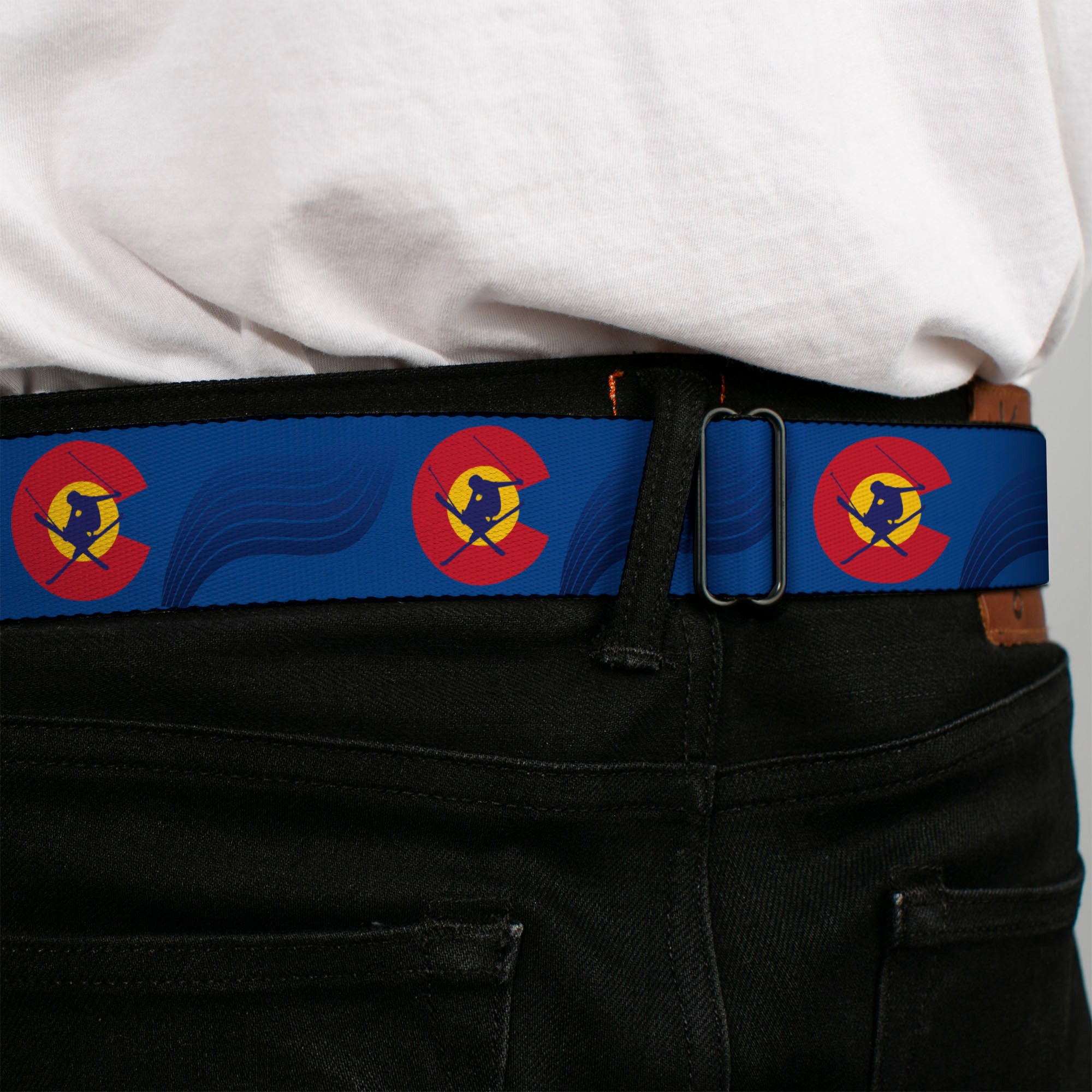 BD Wings Logo CLOSE-UP Black/Silver Seatbelt Belt - Colorado Skier3 Blues/Red/Yellow Webbing Seatbelt Belts Buckle-Down