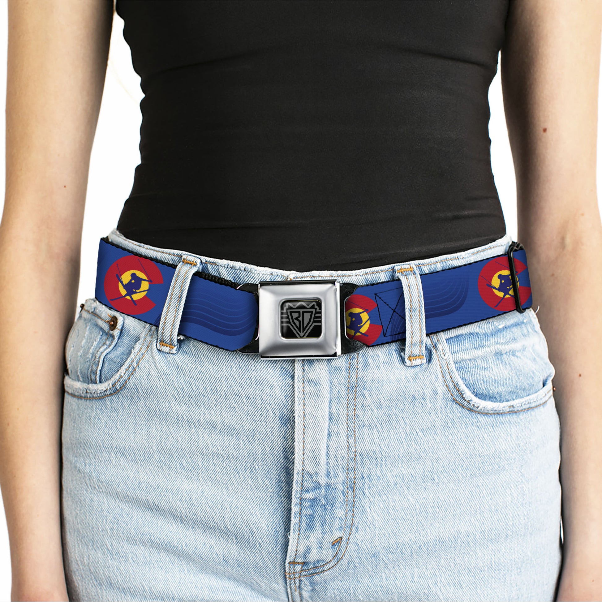 BD Wings Logo CLOSE-UP Black/Silver Seatbelt Belt - Colorado Skier3 Blues/Red/Yellow Webbing Seatbelt Belts Buckle-Down