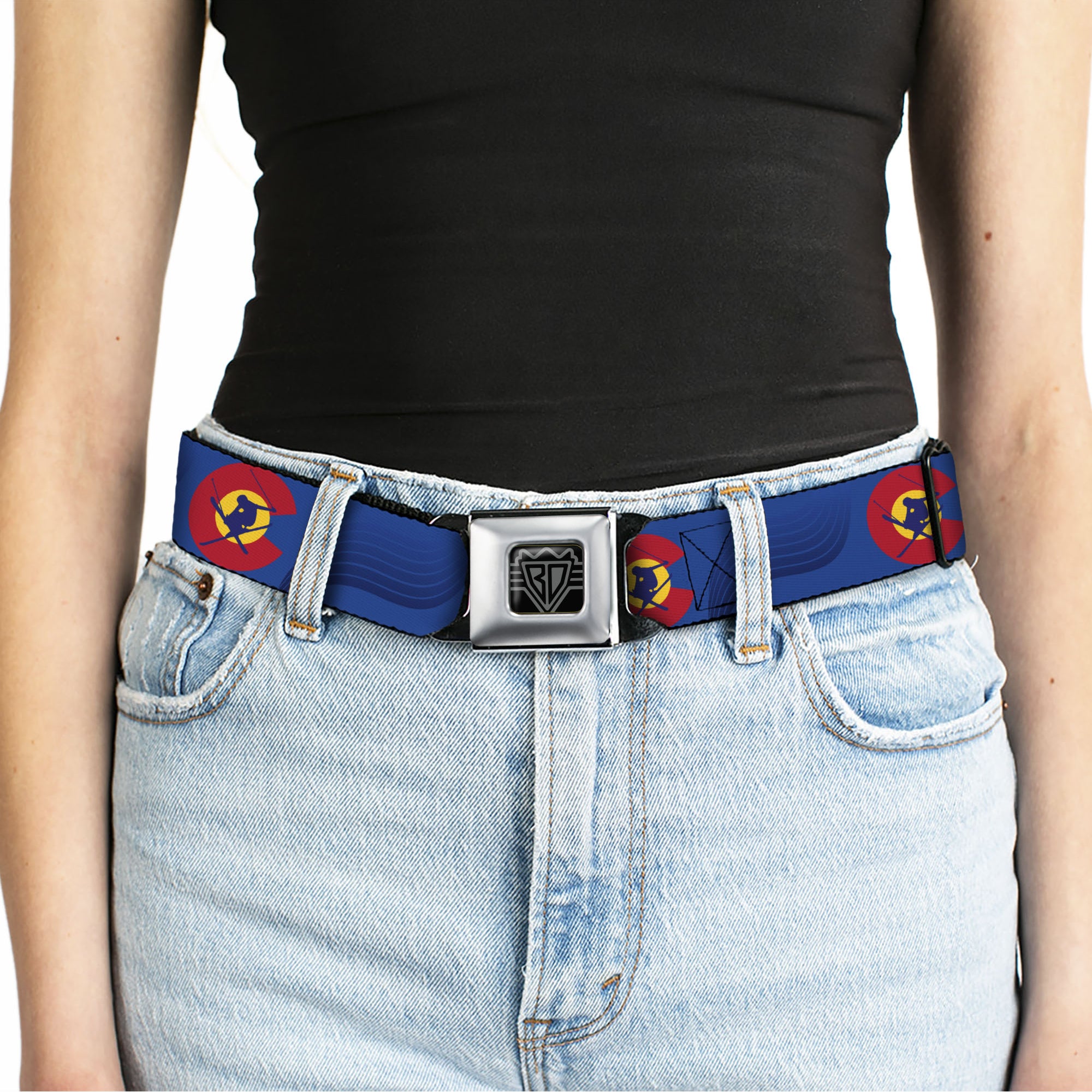 BD Wings Logo CLOSE-UP Black/Silver Seatbelt Belt - Colorado Skier3 Blues/Red/Yellow Webbing Seatbelt Belts Buckle-Down