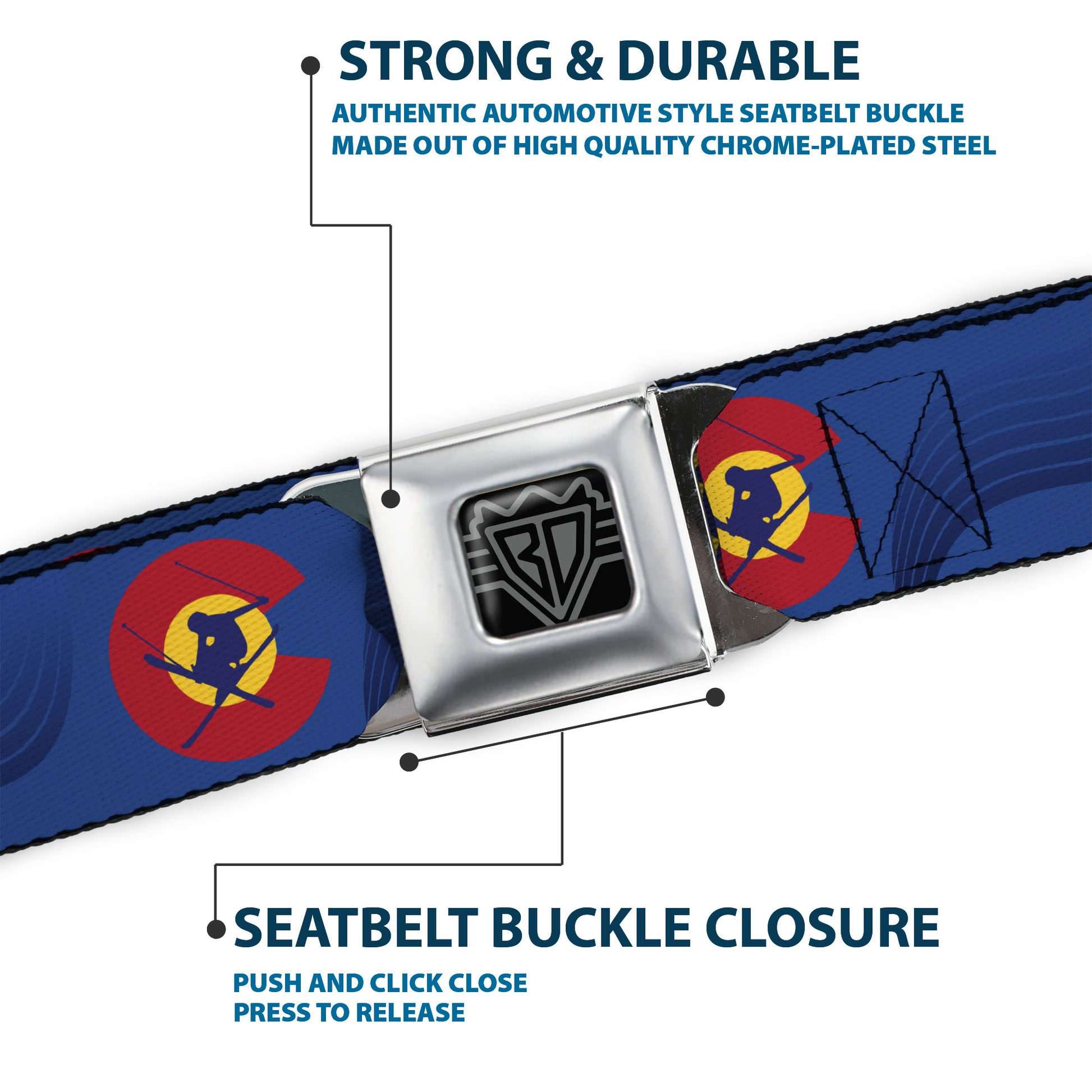 BD Wings Logo CLOSE-UP Black/Silver Seatbelt Belt - Colorado Skier3 Blues/Red/Yellow Webbing Seatbelt Belts Buckle-Down