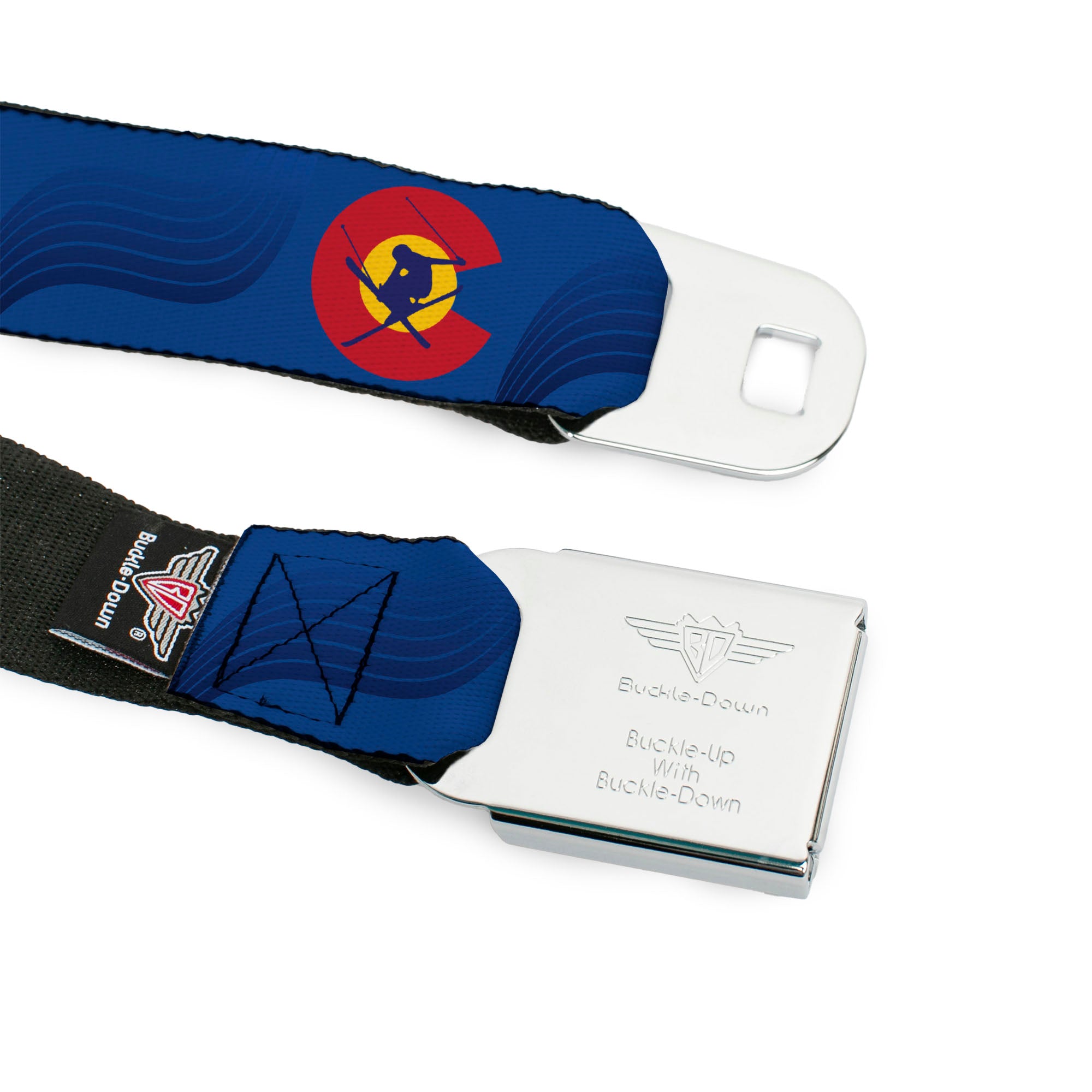 BD Wings Logo CLOSE-UP Black/Silver Seatbelt Belt - Colorado Skier3 Blues/Red/Yellow Webbing Seatbelt Belts Buckle-Down