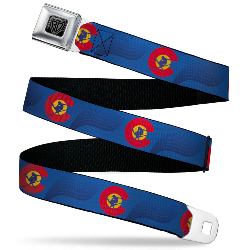 BD Wings Logo CLOSE-UP Black/Silver Seatbelt Belt - Colorado Skier3 Blues/Red/Yellow Webbing Seatbelt Belts Buckle-Down