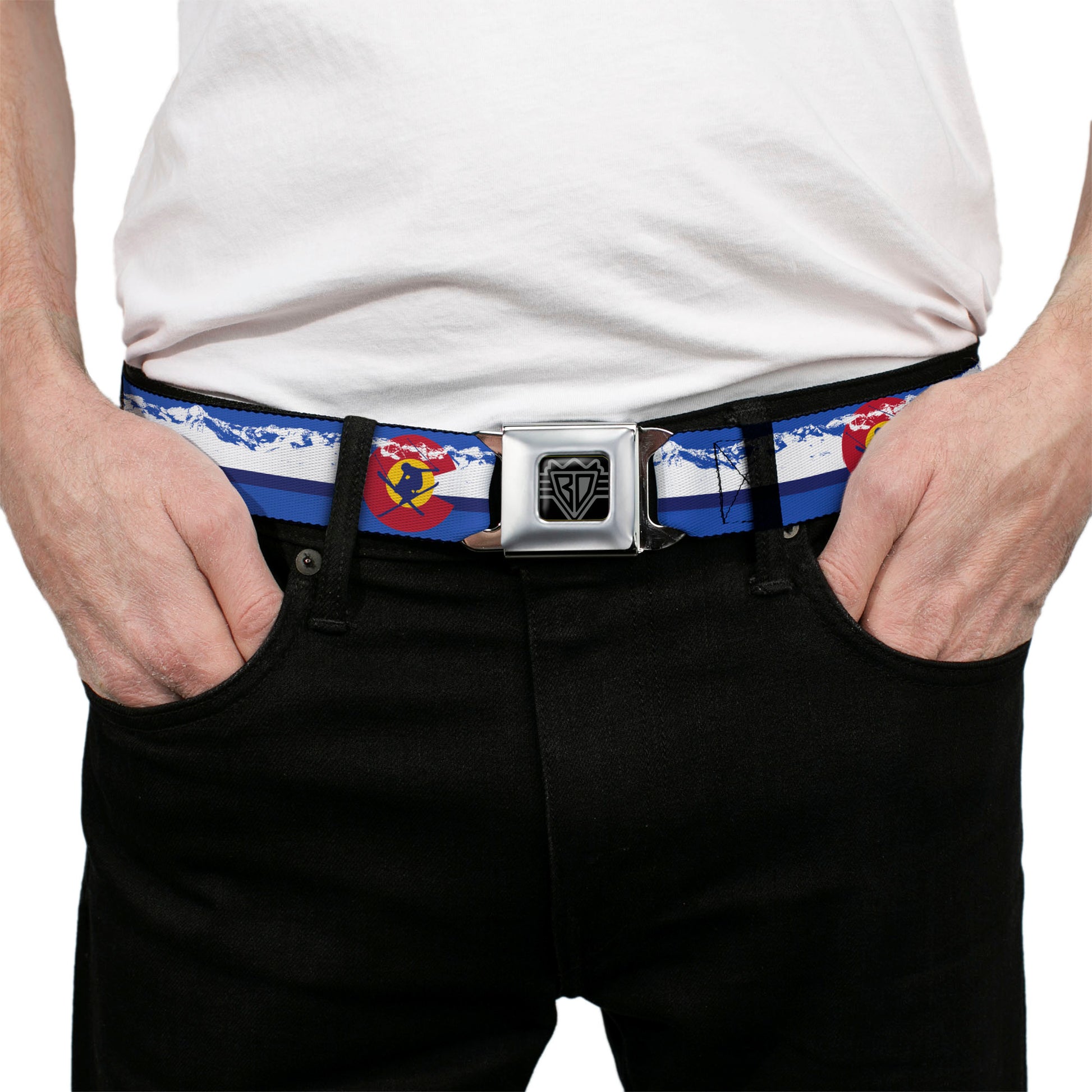 BD Wings Logo CLOSE-UP Black/Silver Seatbelt Belt - Colorado Skier4/Mountains Blues/White/Red/Yellow Webbing Seatbelt Belts Buckle-Down