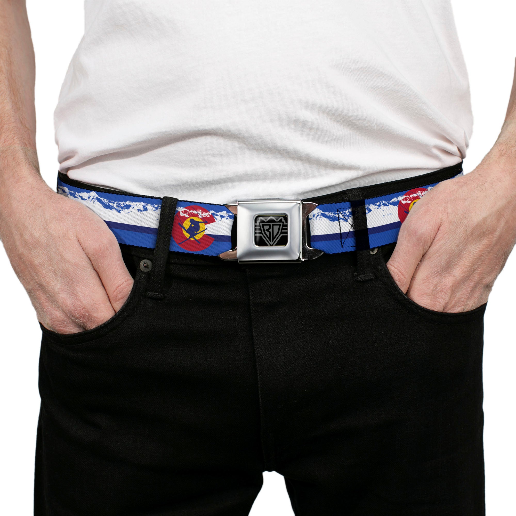 BD Wings Logo CLOSE-UP Black/Silver Seatbelt Belt - Colorado Skier4/Mountains Blues/White/Red/Yellow Webbing Seatbelt Belts Buckle-Down
