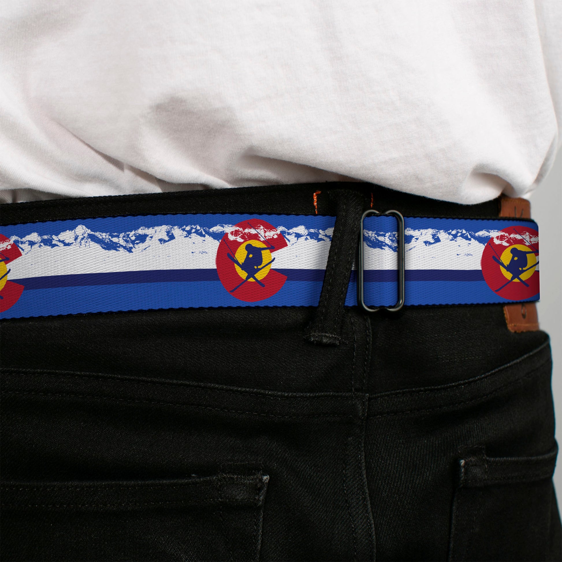 BD Wings Logo CLOSE-UP Black/Silver Seatbelt Belt - Colorado Skier4/Mountains Blues/White/Red/Yellow Webbing Seatbelt Belts Buckle-Down