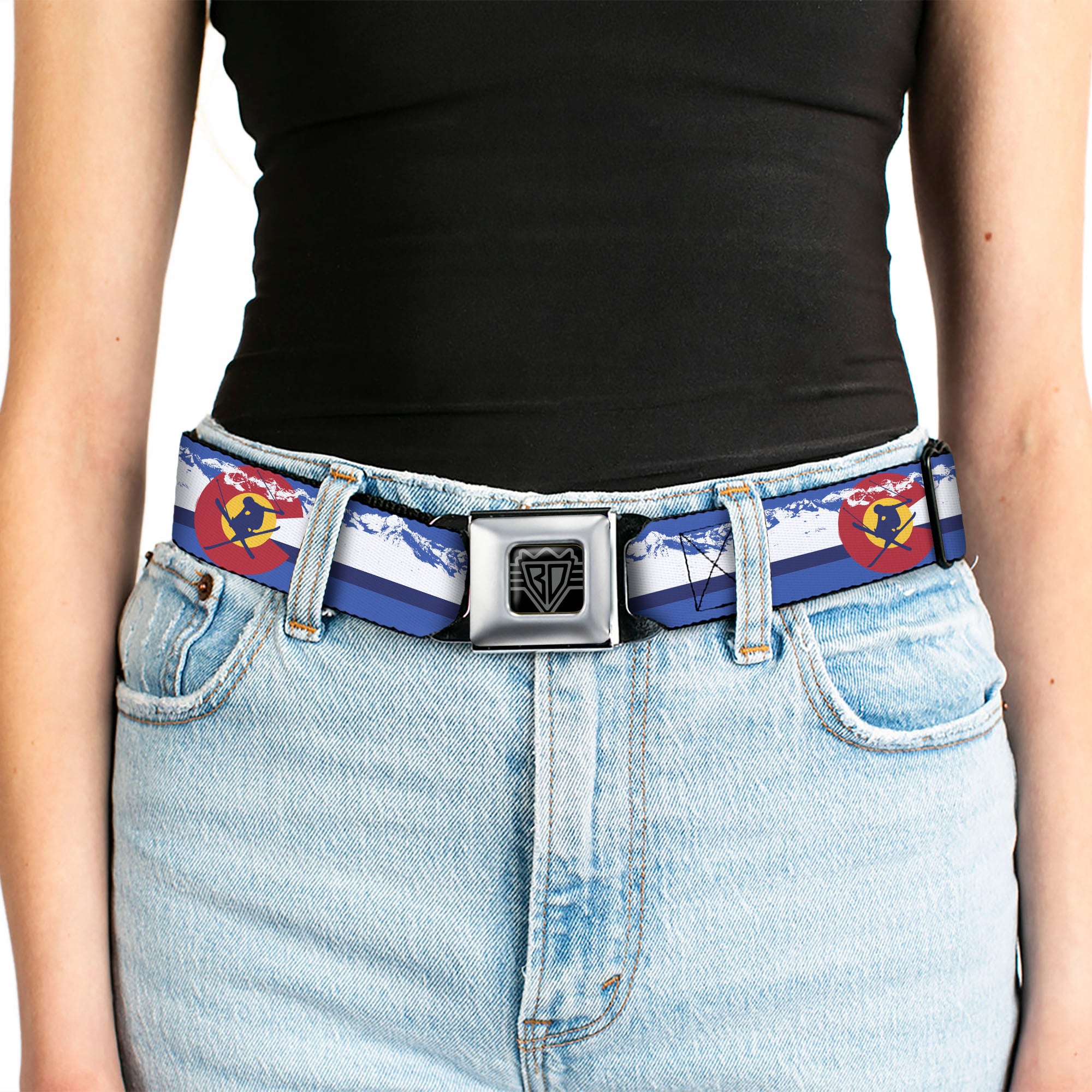 BD Wings Logo CLOSE-UP Black/Silver Seatbelt Belt - Colorado Skier4/Mountains Blues/White/Red/Yellow Webbing Seatbelt Belts Buckle-Down
