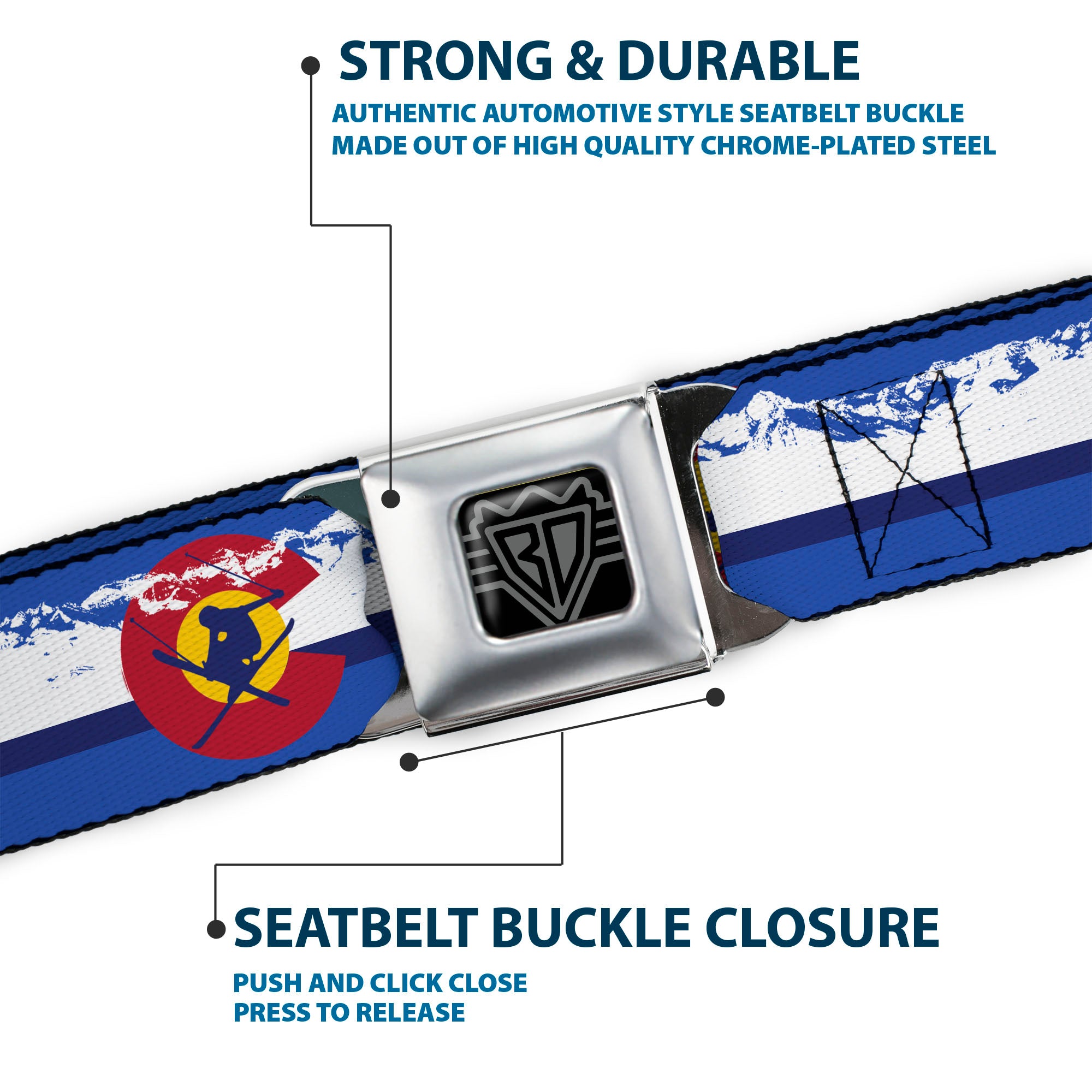 BD Wings Logo CLOSE-UP Black/Silver Seatbelt Belt - Colorado Skier4/Mountains Blues/White/Red/Yellow Webbing Seatbelt Belts Buckle-Down