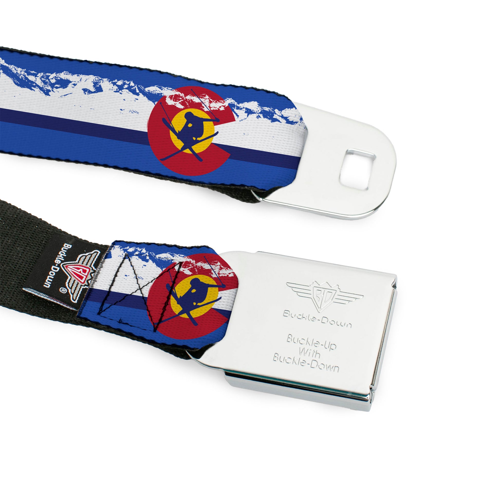 BD Wings Logo CLOSE-UP Black/Silver Seatbelt Belt - Colorado Skier4/Mountains Blues/White/Red/Yellow Webbing Seatbelt Belts Buckle-Down