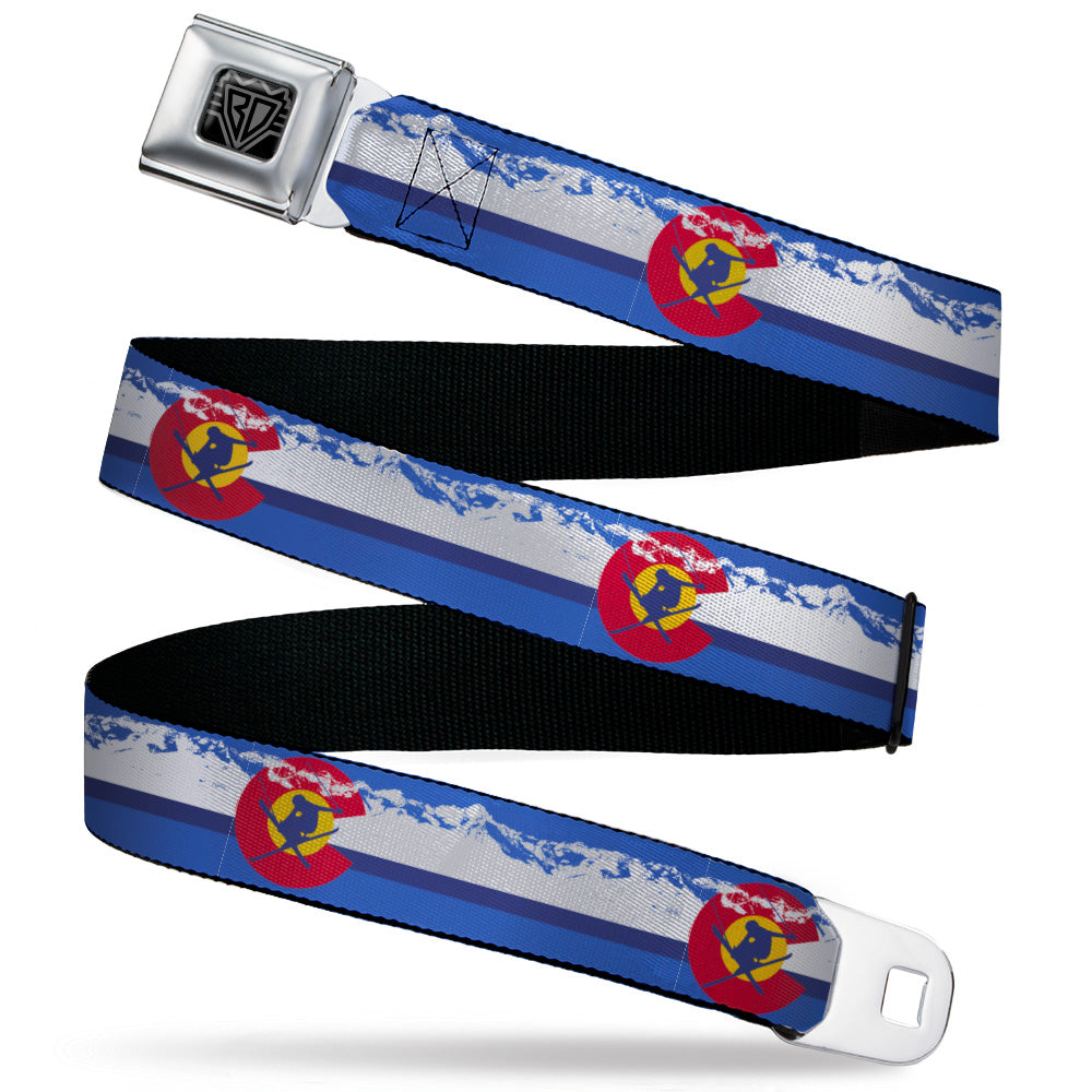 BD Wings Logo CLOSE-UP Black/Silver Seatbelt Belt - Colorado Skier4/Mountains Blues/White/Red/Yellow Webbing Seatbelt Belts Buckle-Down