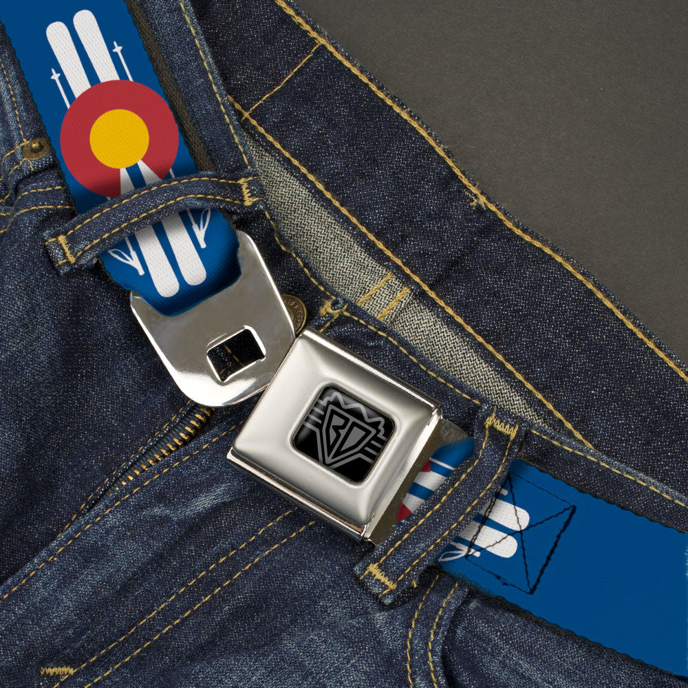 BD Wings Logo CLOSE-UP Black/Silver Seatbelt Belt - Colorado Logo/Skis Blue/White/Red/Yellow Webbing Seatbelt Belts Buckle-Down