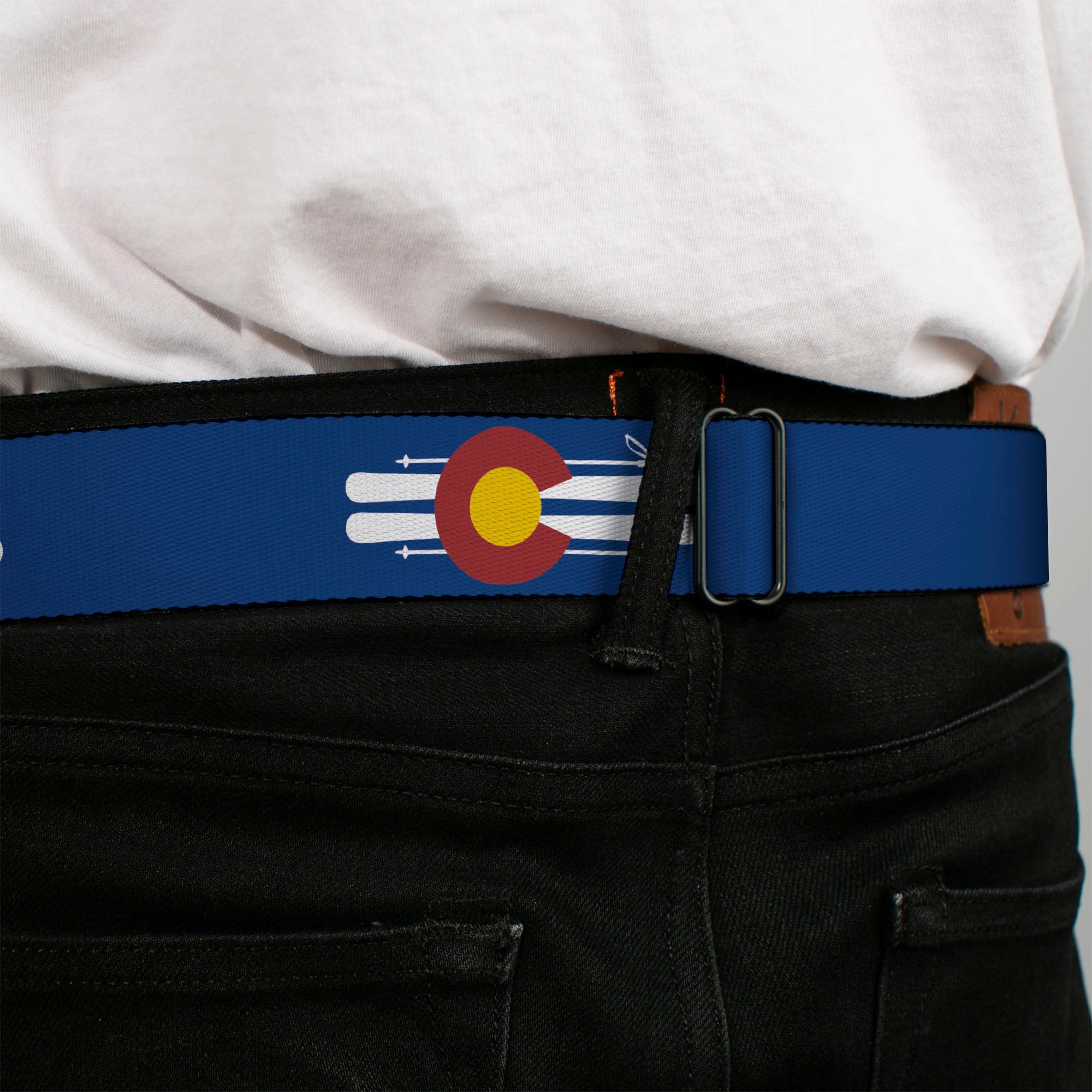 BD Wings Logo CLOSE-UP Black/Silver Seatbelt Belt - Colorado Logo/Skis Blue/White/Red/Yellow Webbing Seatbelt Belts Buckle-Down