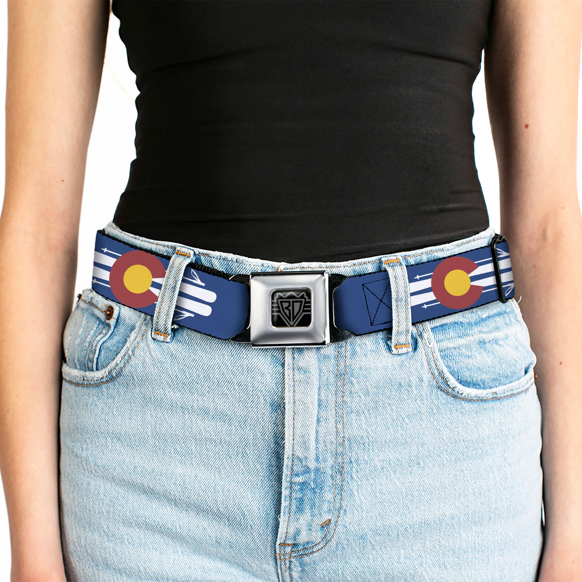 BD Wings Logo CLOSE-UP Black/Silver Seatbelt Belt - Colorado Logo/Skis Blue/White/Red/Yellow Webbing Seatbelt Belts Buckle-Down