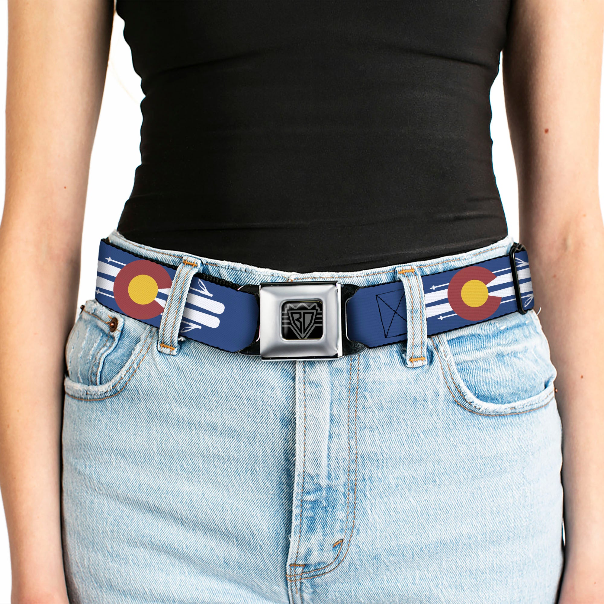 BD Wings Logo CLOSE-UP Black/Silver Seatbelt Belt - Colorado Logo/Skis Blue/White/Red/Yellow Webbing Seatbelt Belts Buckle-Down