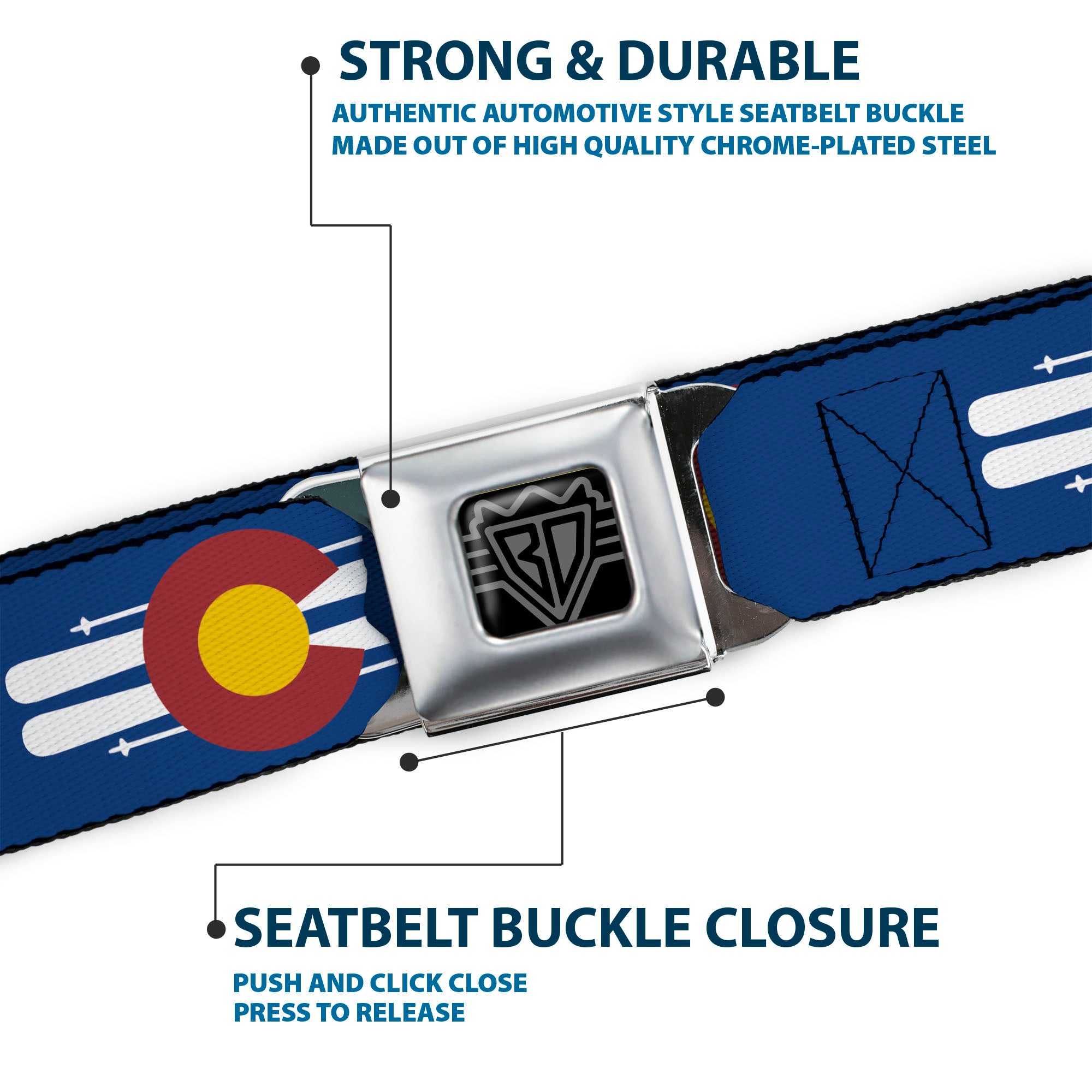 BD Wings Logo CLOSE-UP Black/Silver Seatbelt Belt - Colorado Logo/Skis Blue/White/Red/Yellow Webbing Seatbelt Belts Buckle-Down